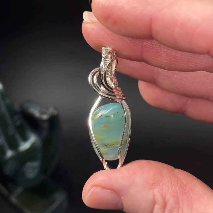 Peruvian Blue Andean Opal & Sterling Silver Wire Wrapped Pendant