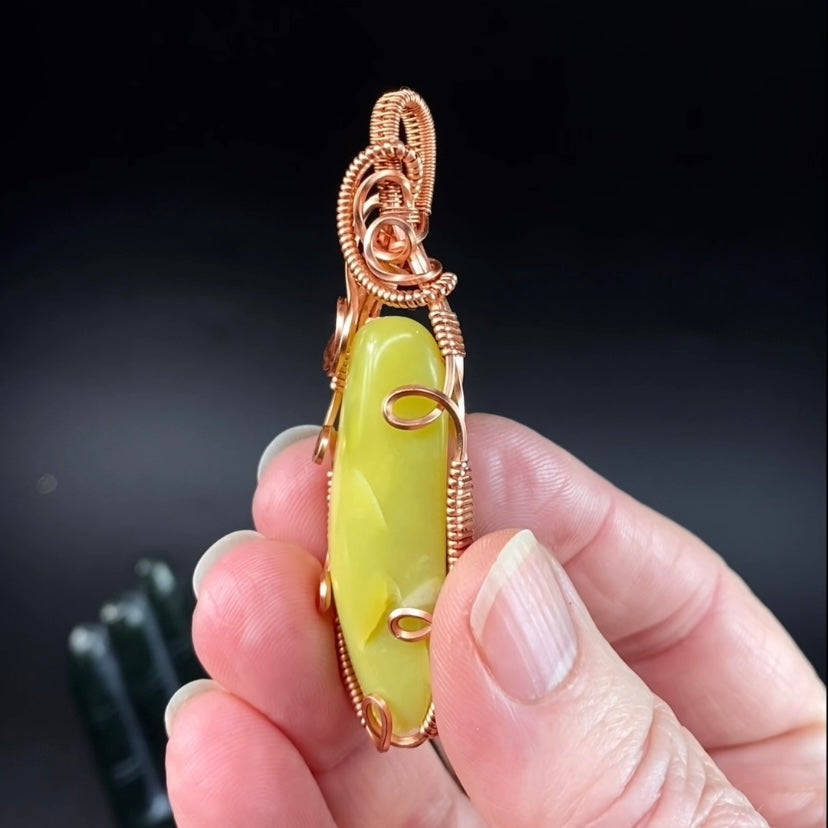 Noble Serpentine Healerite and Raw Copper Wire Wrapped Pendant