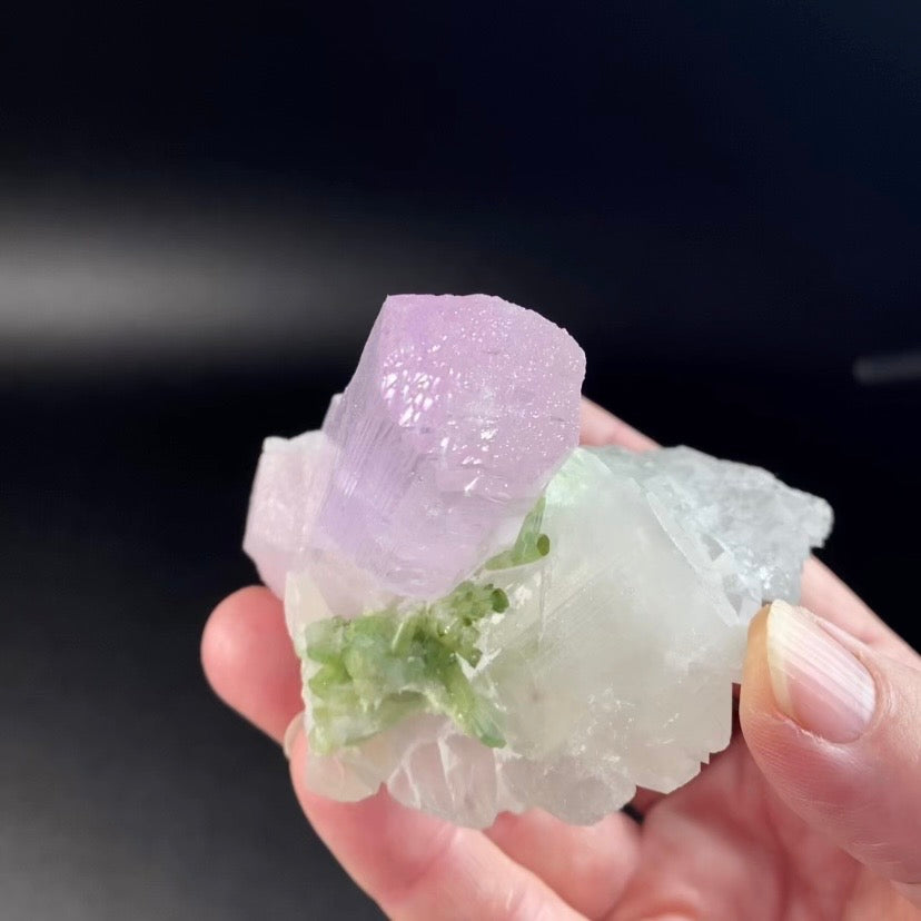 Pink Spodumene Kunzite Crystal with Green Tourmaline Crystals and Self Healed Quartz, Laghman, Afghanistan