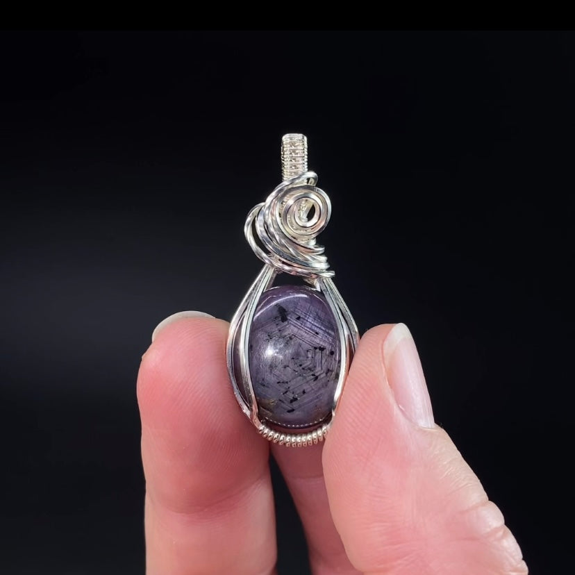 Tumbled Purple Sapphire Crystal & Sterling Silver Wire Wrapped Pendant