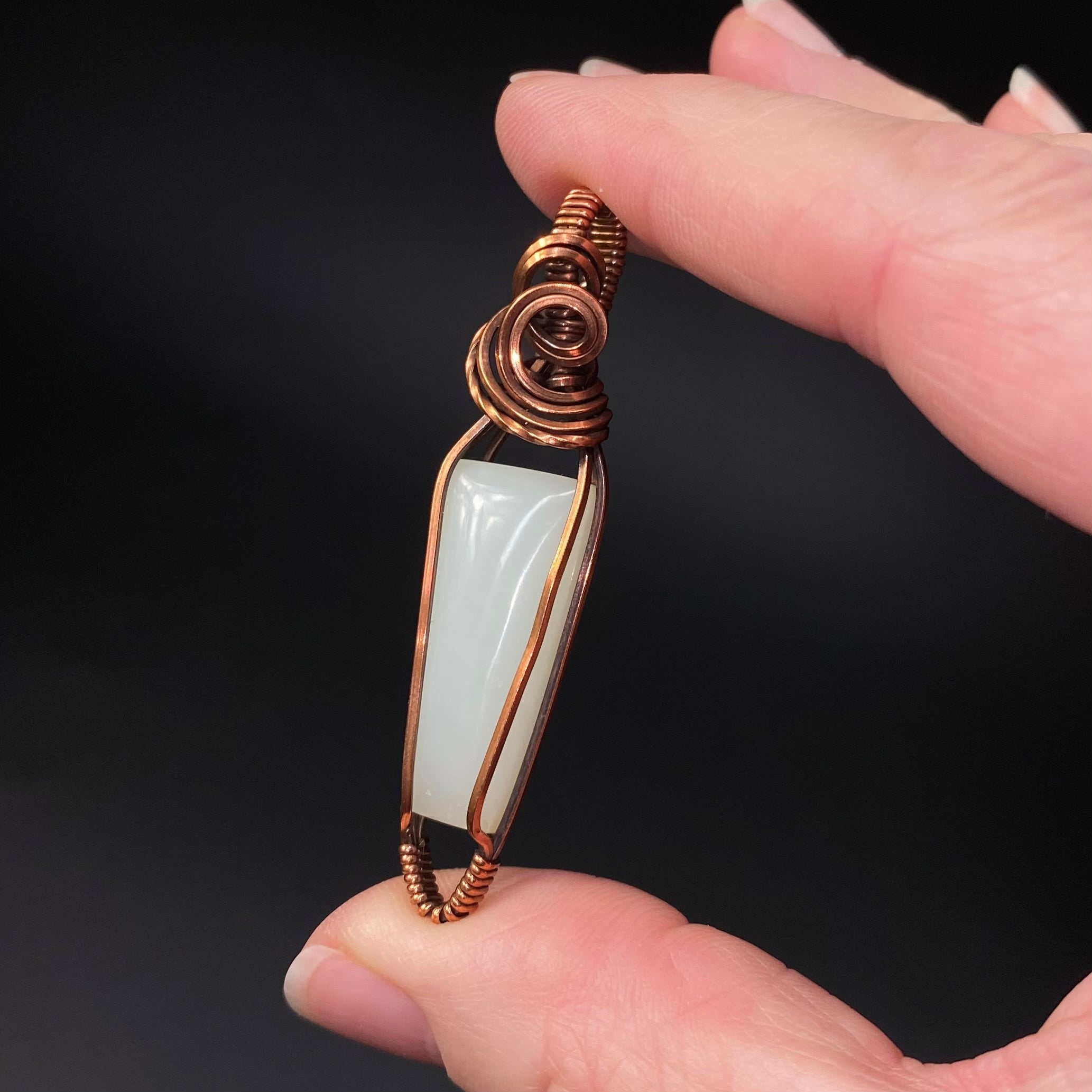 Green Common Opal and Copper Wire Wrapped Pendant
