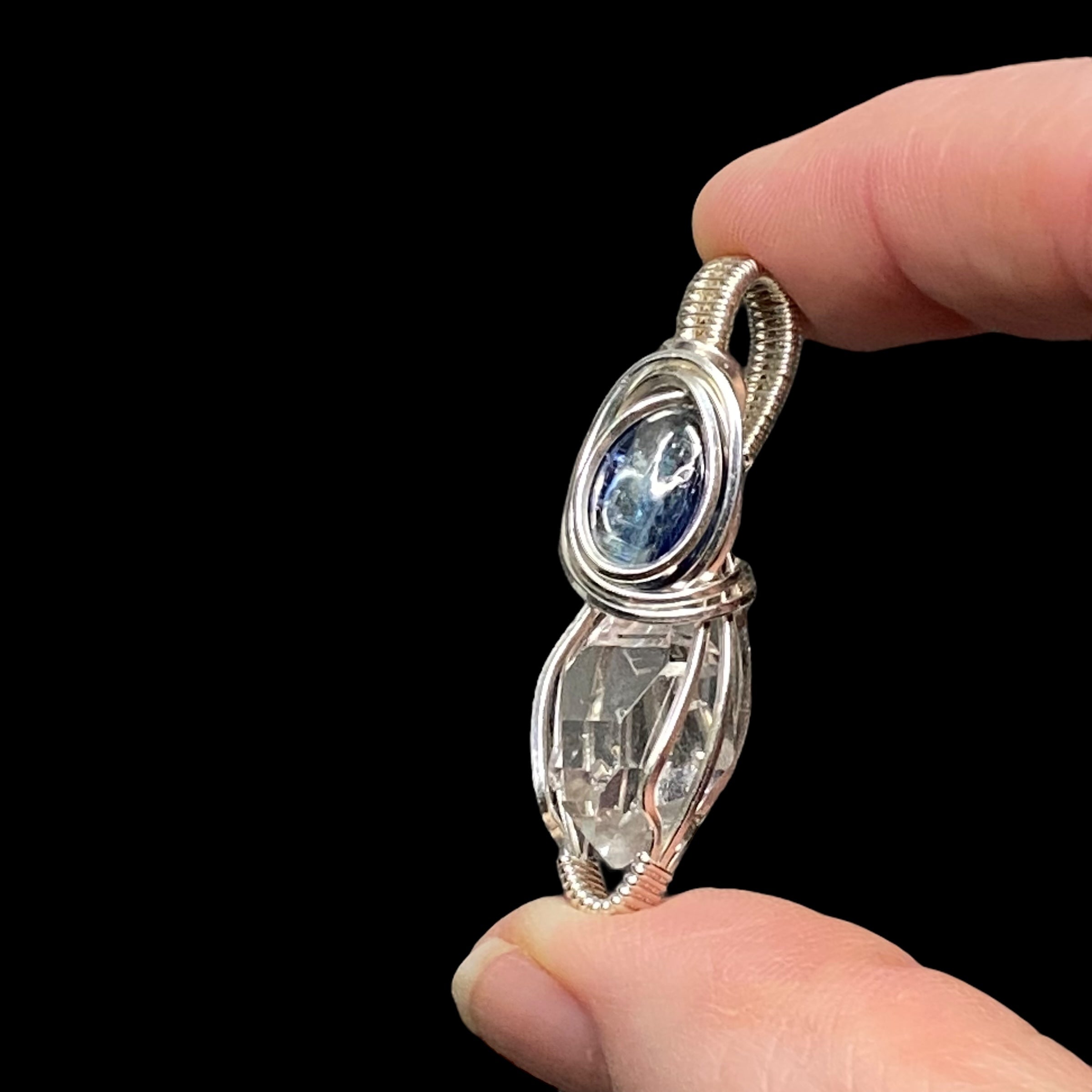 Herkimer Diamond Quartz, Blue Kyanite & Sterling Silver Handmade Wire Wrapped Pendant