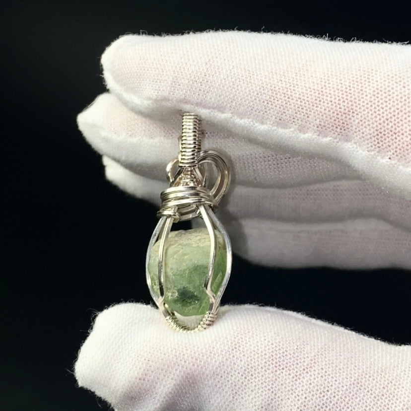 Terminated Raw Peridot and Sterling Silver Wire Wrapped Pendant