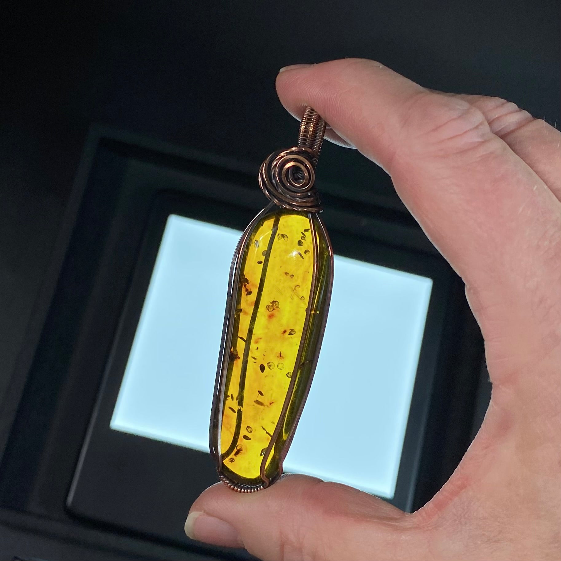 Amber and Copper Wire Wrapped Pendant