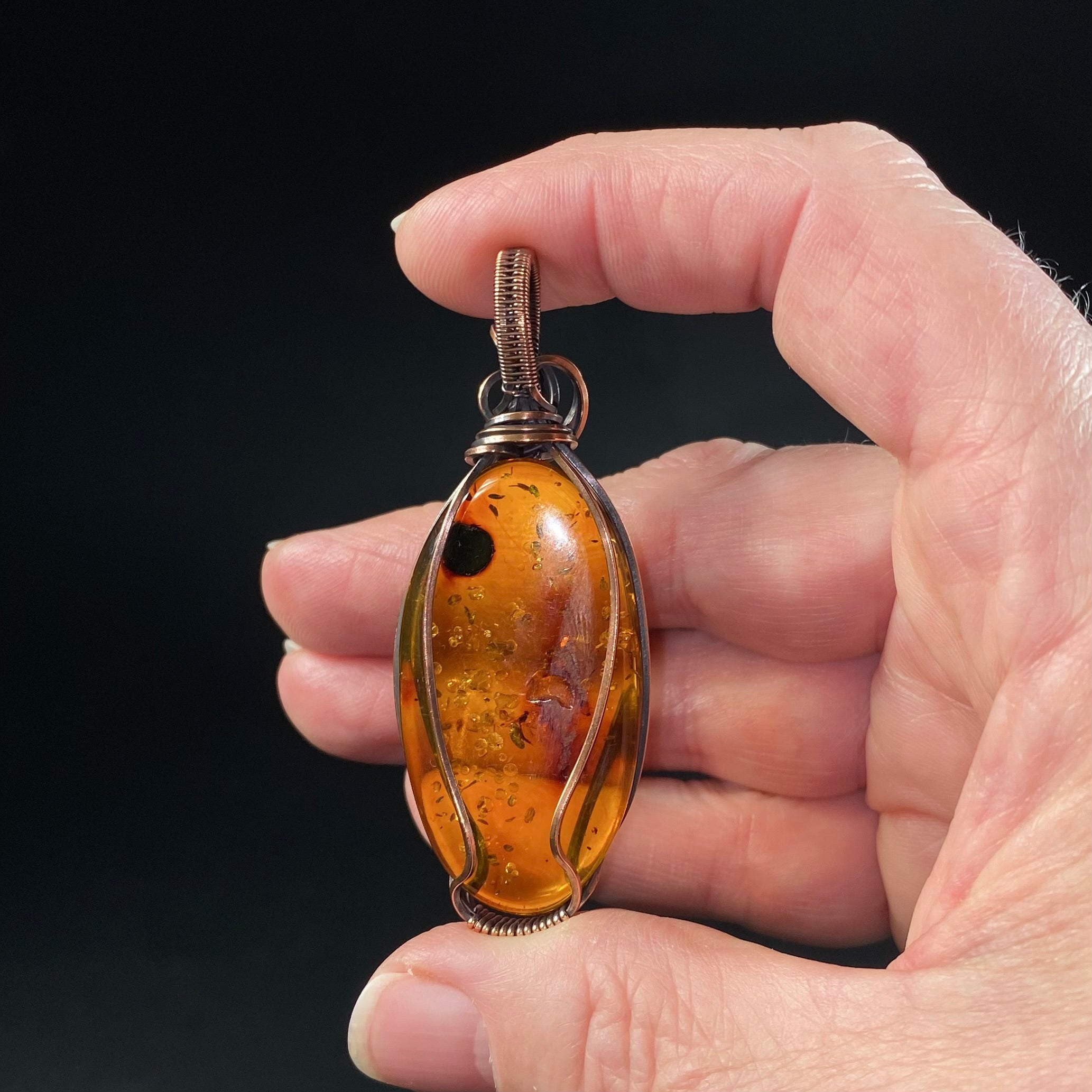 Amber and Copper Wire Wrapped Pendant