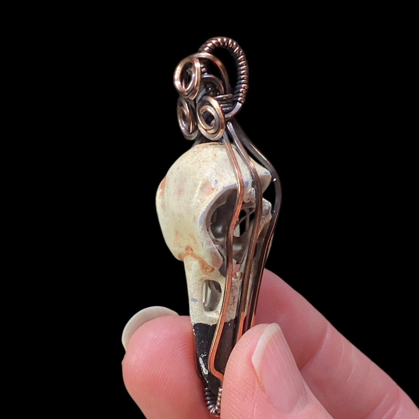 Resin Raven Skull & Triskelion Spiral Copper Wire Wrapped Pendant