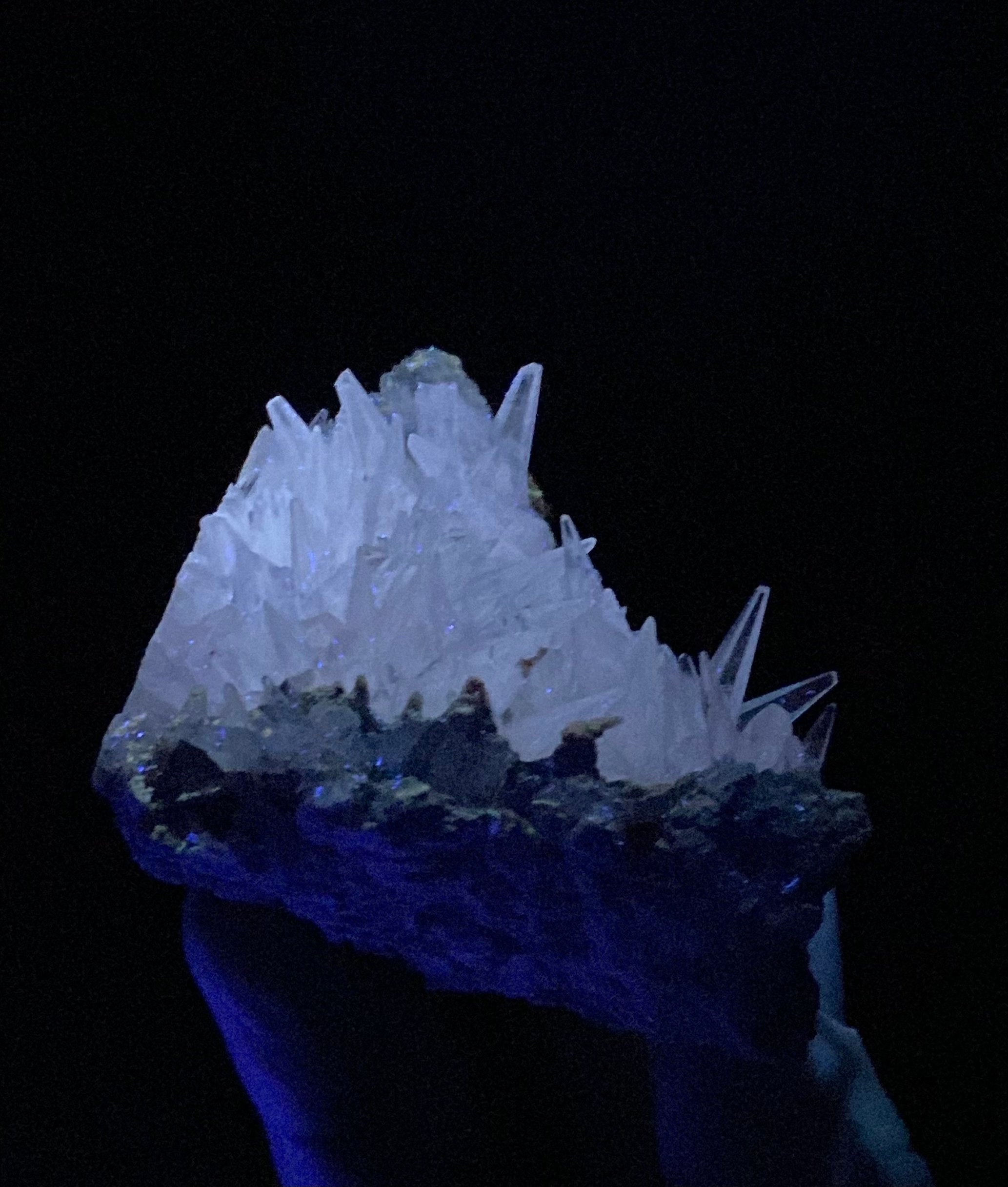 Fluorescent & Phosphorescent Tapered Clear Needle Calcite Crystals on Matrix, Shigar Valley, Pakistan