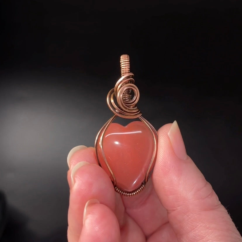 Pink Quartz Heart and Copper Wire Wrapped Pendant