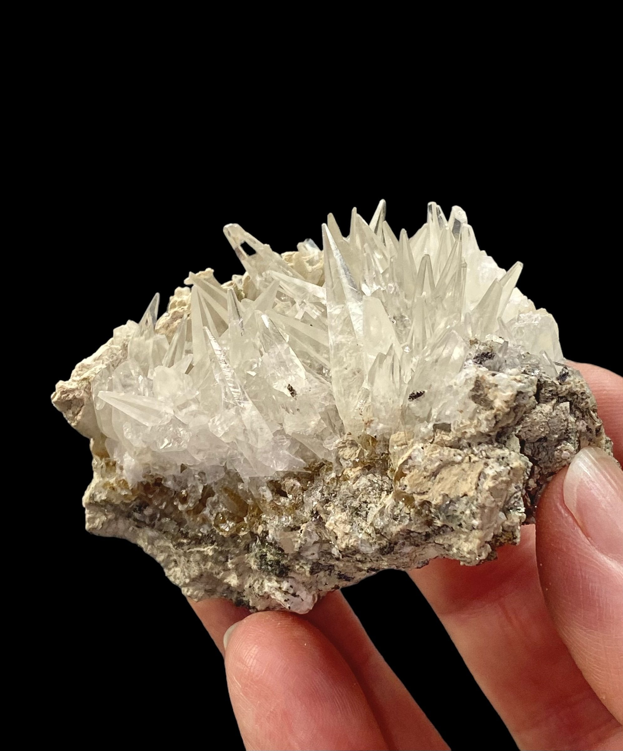 Fluorescent & Phosphorescent Tapered Clear Needle Calcite Crystals on Matrix, Shigar Valley, Pakistan