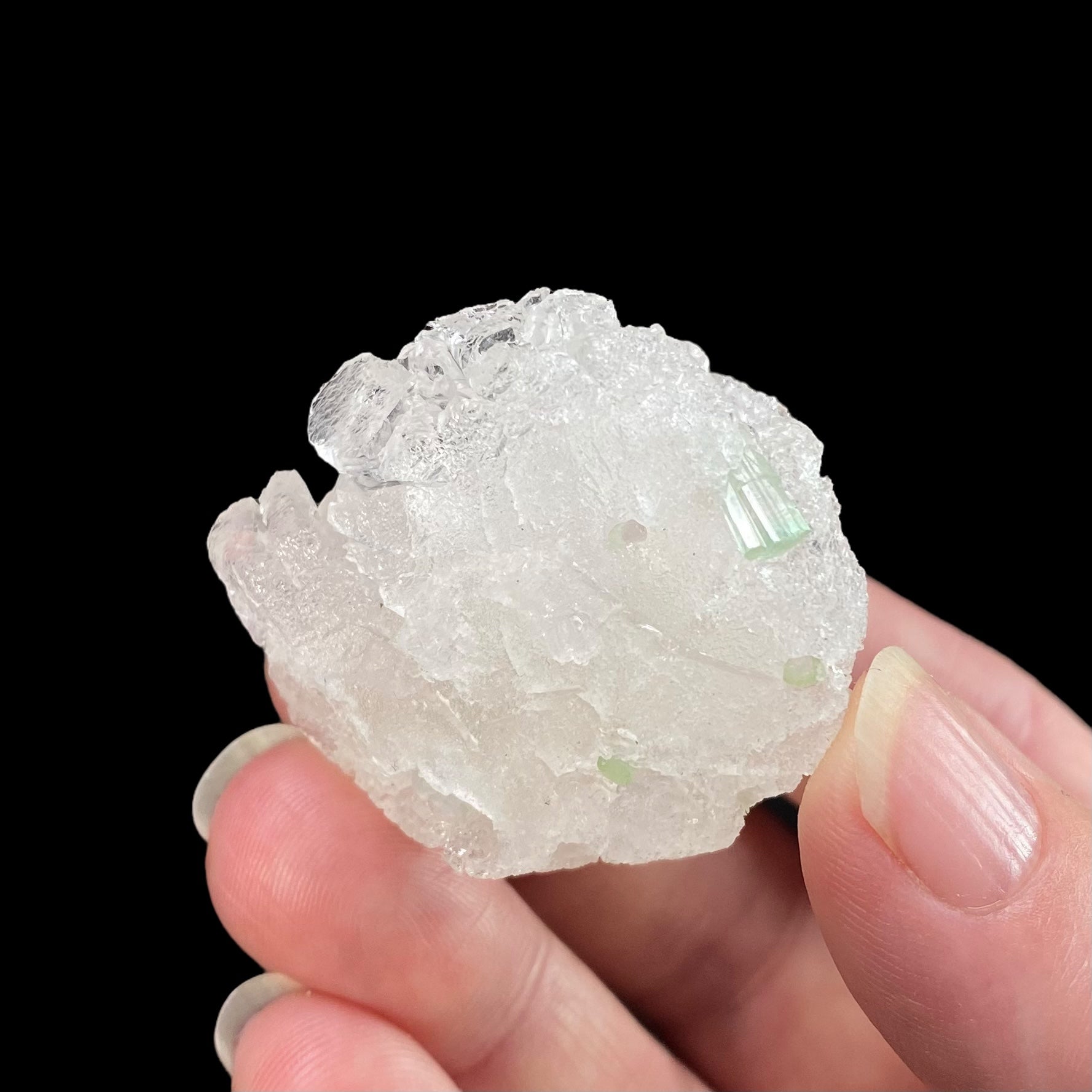 Clear Etched Pollucite with Green Tourmaline from Laghman, Afghanistan
