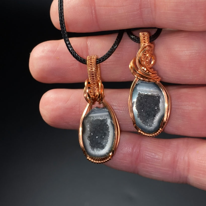 Matching Pair Tabasco Geode & Copper Wire Wrapped Pendants