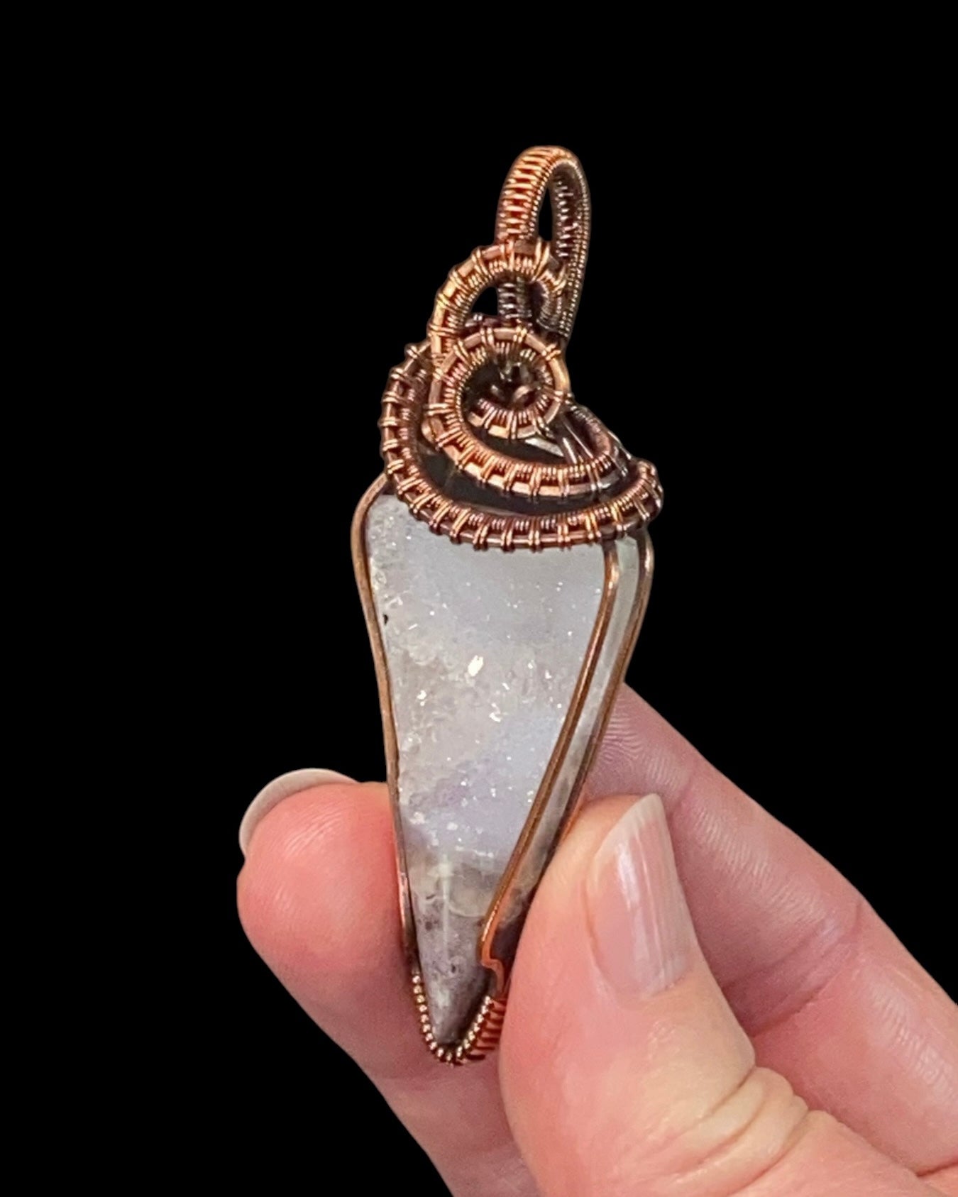 Druzy Garden Quartz Cabochon and Copper Wire Wrapped Pendant