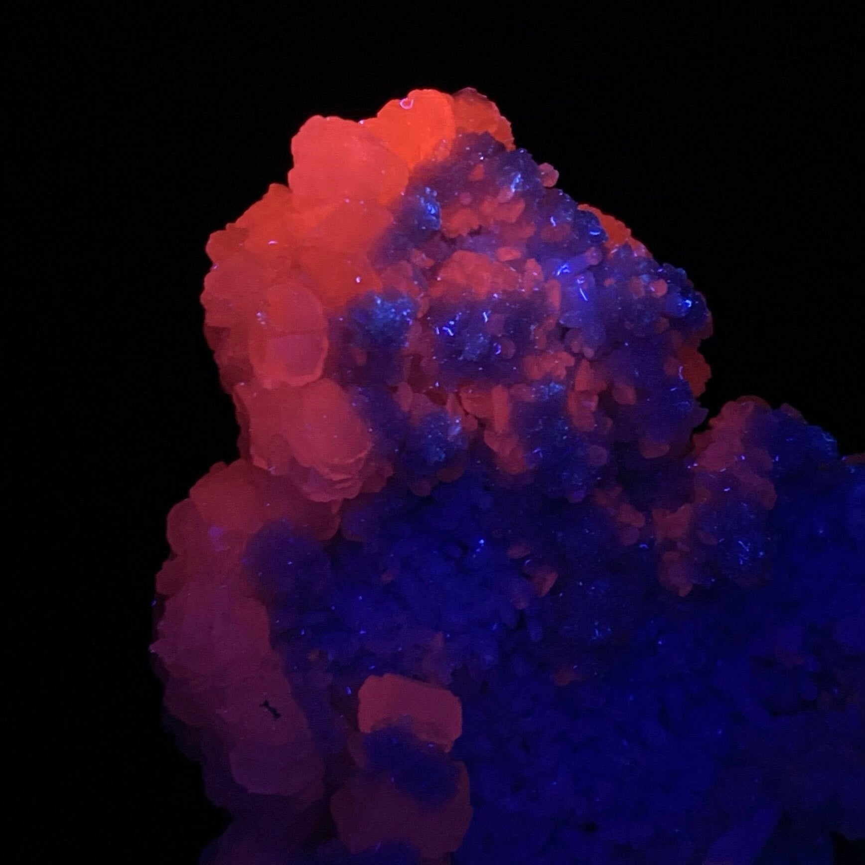 Rhodochrosite Cluster with Fluorescent Calcite & Milky Quartz Crystals, from Trepça Mines, Kosovo