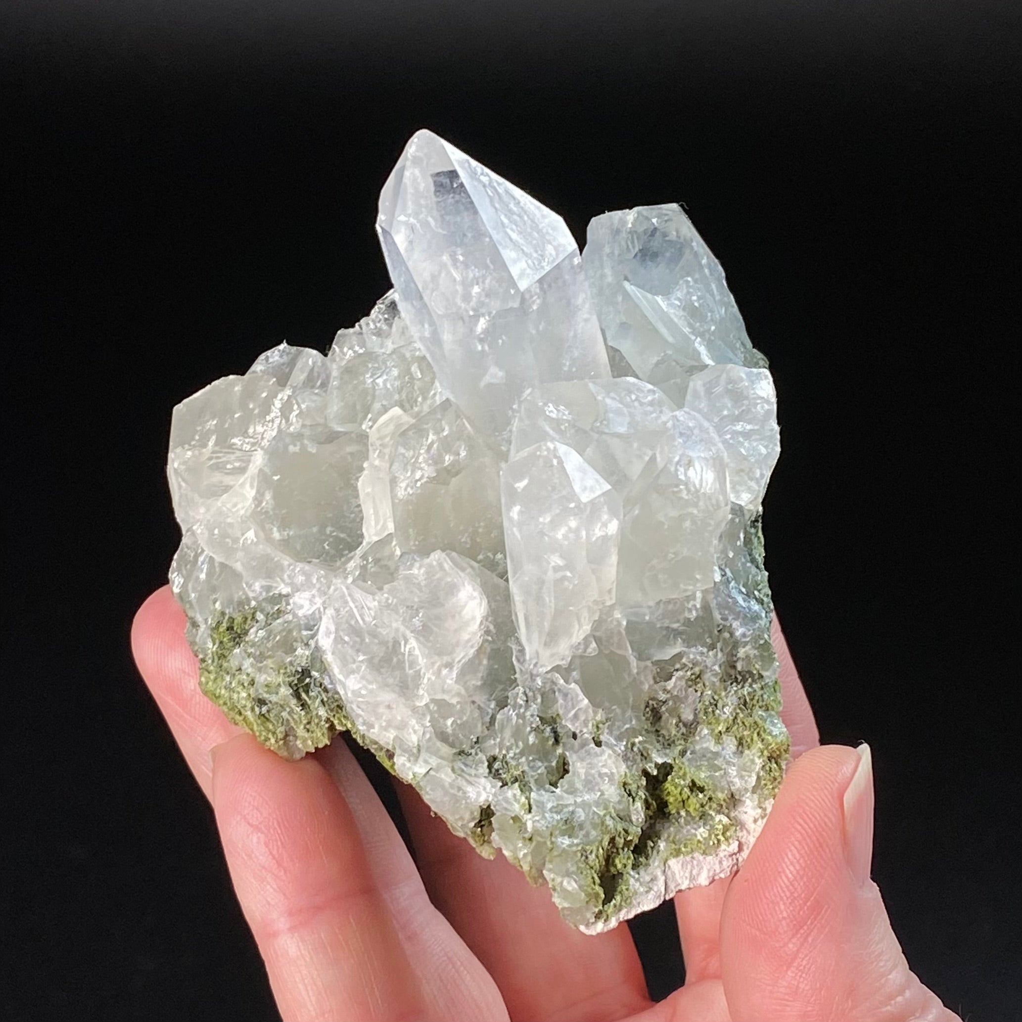 Quartz Crystal Cluster with Dark Green Epidote Crystals & Byssolite