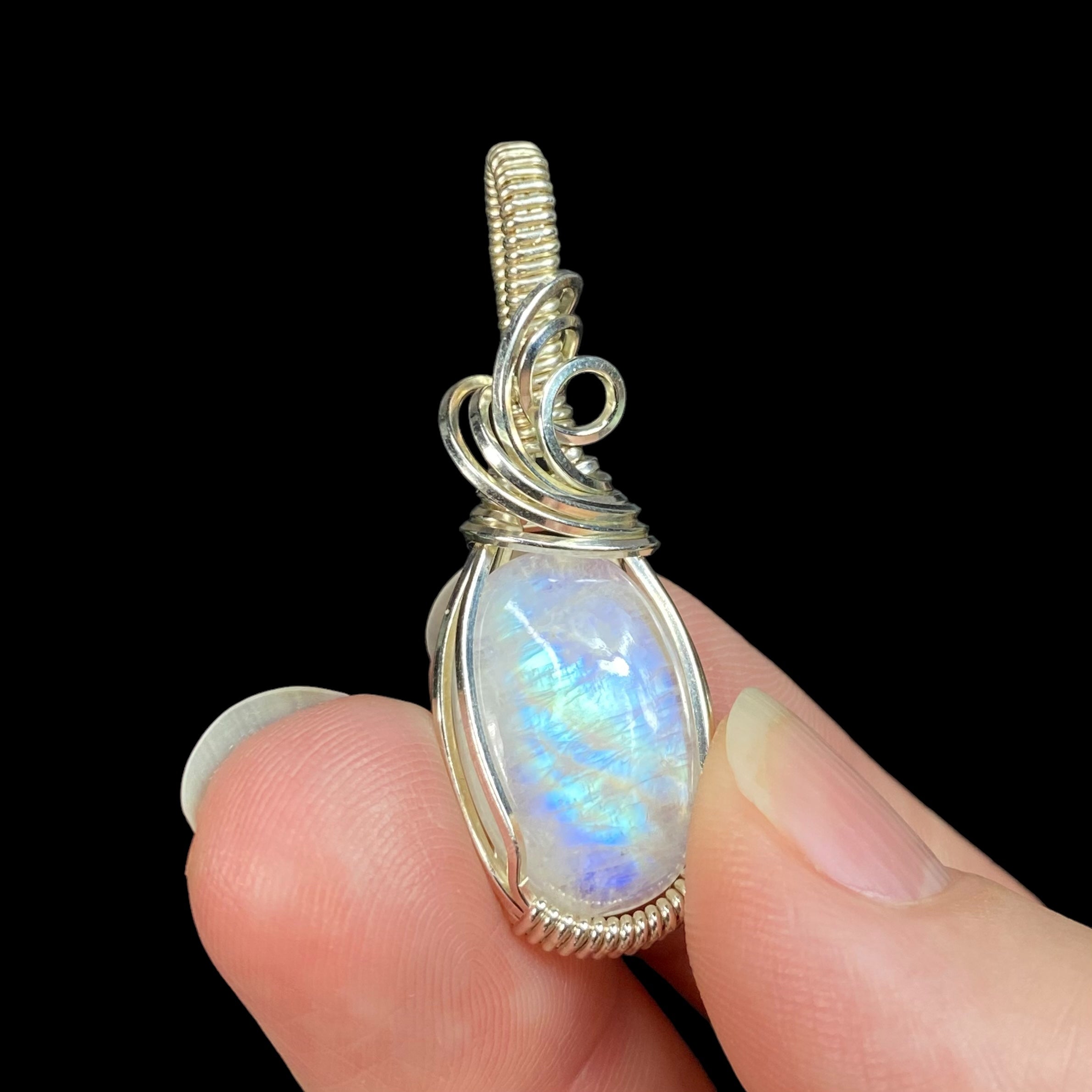 Rainbow Flash Moonstone & Sterling Silver Wire Wrapped Pendant