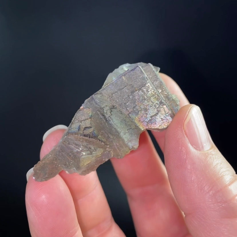 Blue and Gray Cubic Fluorite Cluster with Rainbow Iridescent Iron Oxide Surface