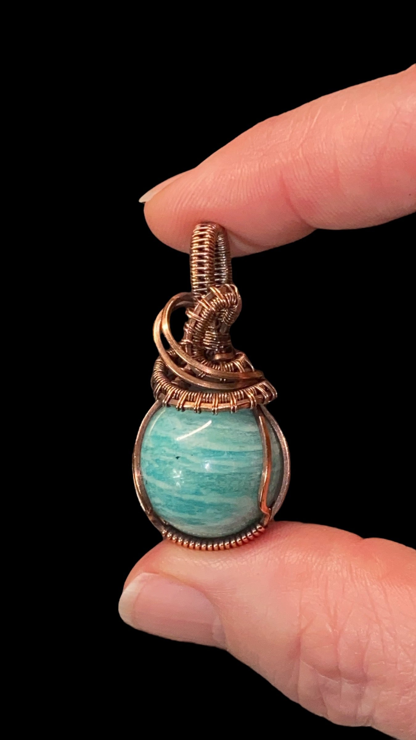 Amazonite Sphere and Copper Handmade Wire Wrapped Pendant