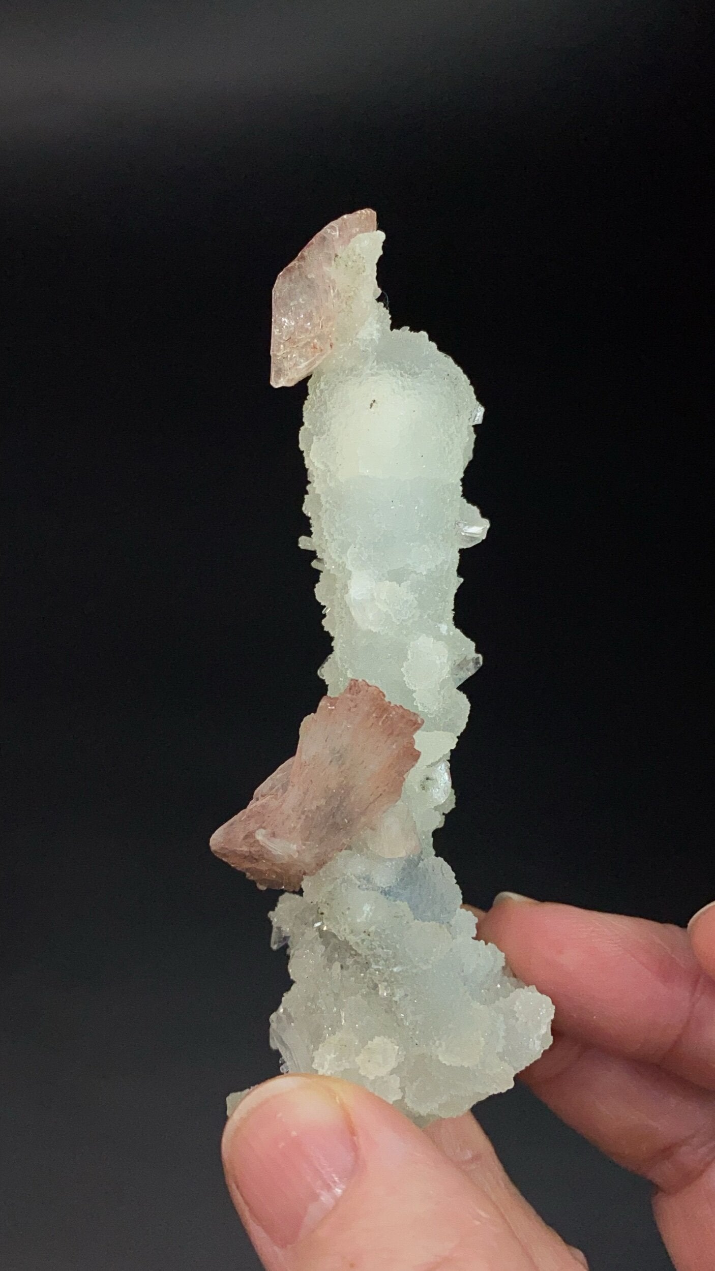 Clear Apophyllite, Pink Heulandite & Calcite Stalactite Formation Cluster