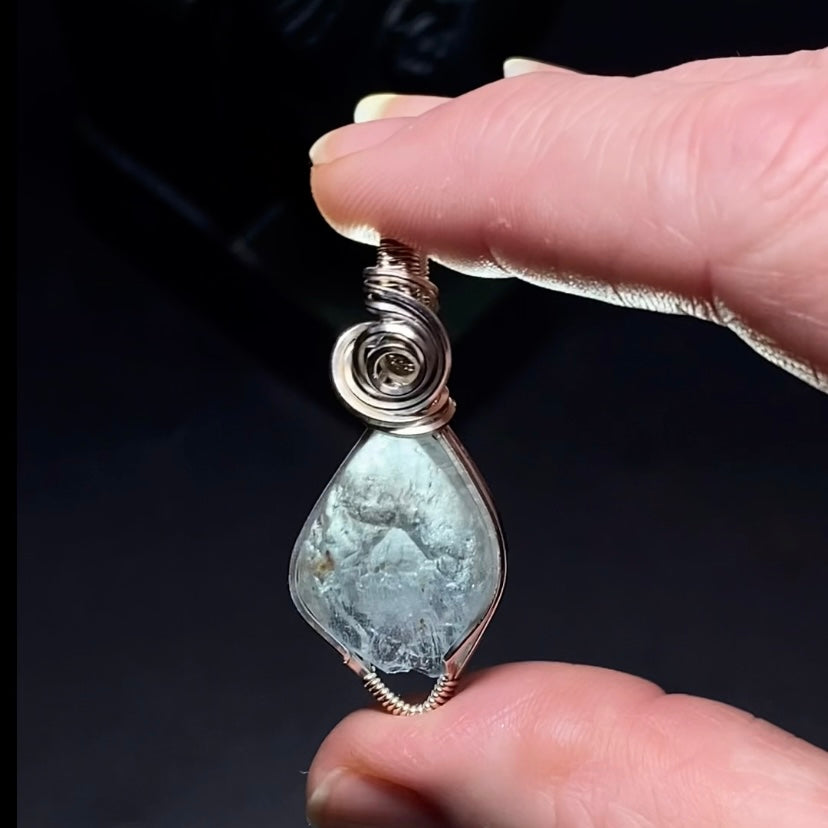 River Tumbled Natural Blue Topaz Crystal & Sterling Silver Wire Wrapped Pendant