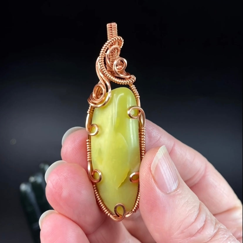 Noble Serpentine Healerite and Raw Copper Wire Wrapped Pendant
