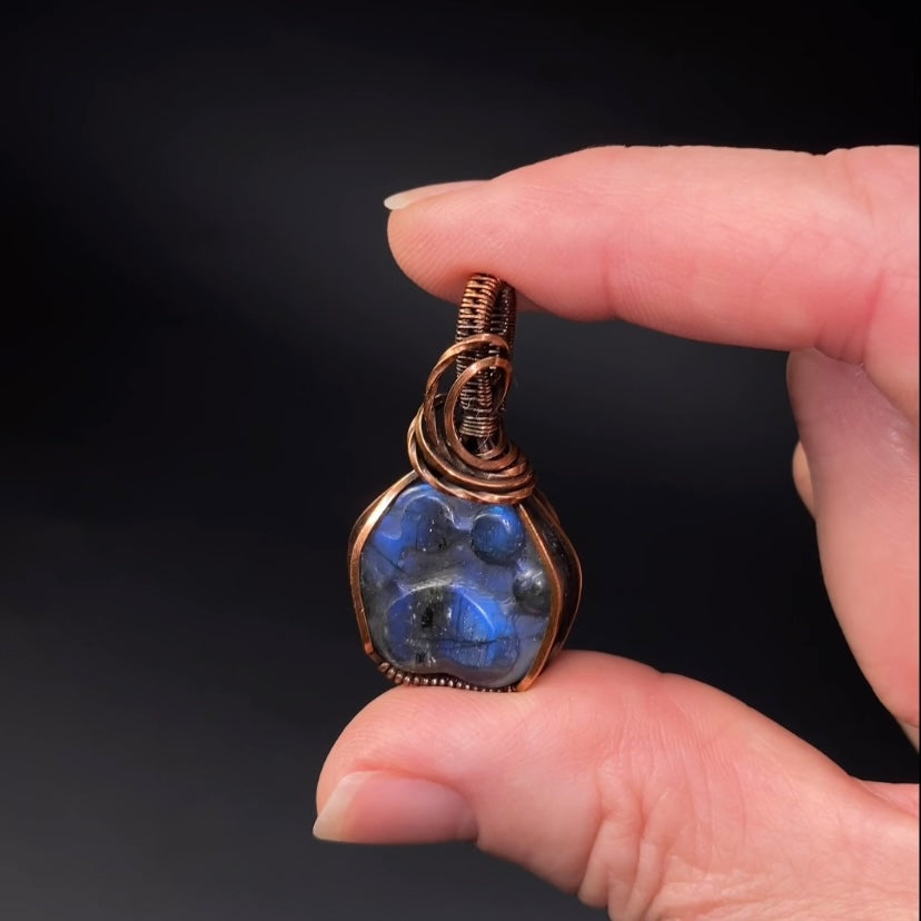 Labradorite Paw Cabochon and Copper Wire Wrapped Pendant