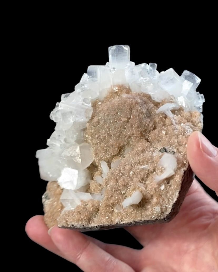 Clear Apophyllite Crystals with Peach Stilbite & Okenite on Basalt Matrix