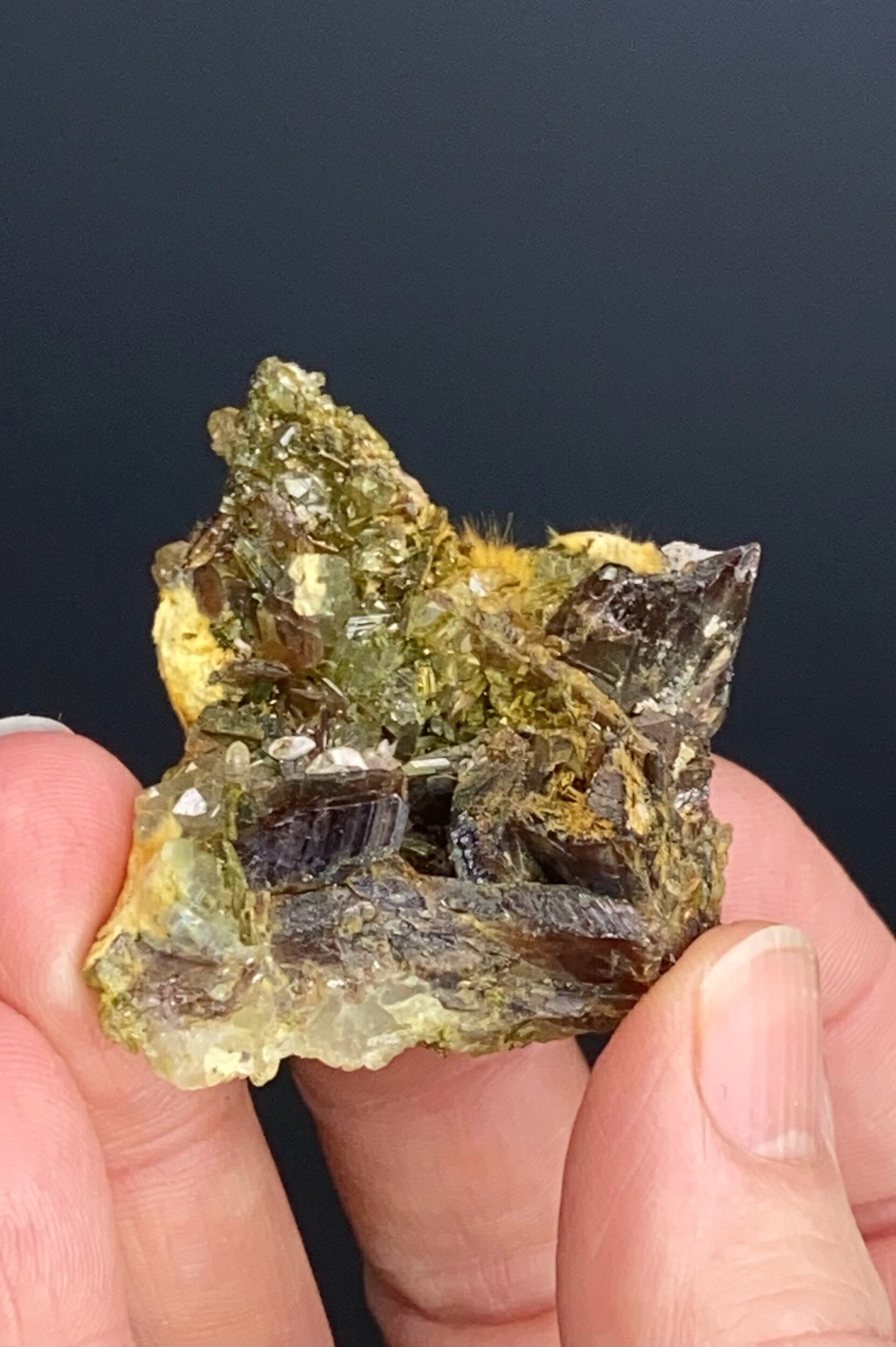 Axinite Crystal Cluster with Epidote, Chrysotile and Chlorite Included Quartz from Shigar Valley, Gilgit-Baltistan, Pakistan