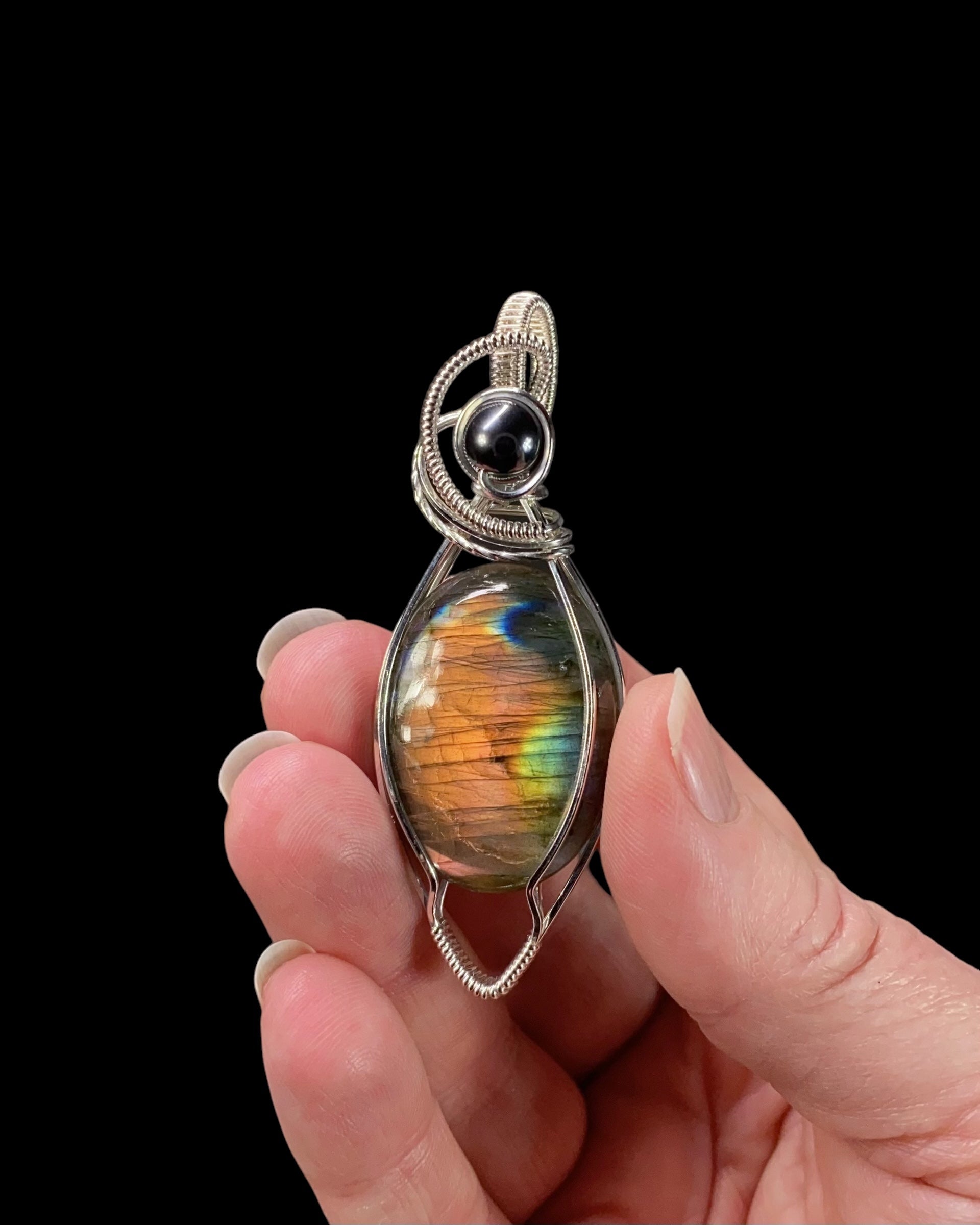 Flashy Labradorite & Sterling Silver Wire Wrapped Pendant with Hematite Accent