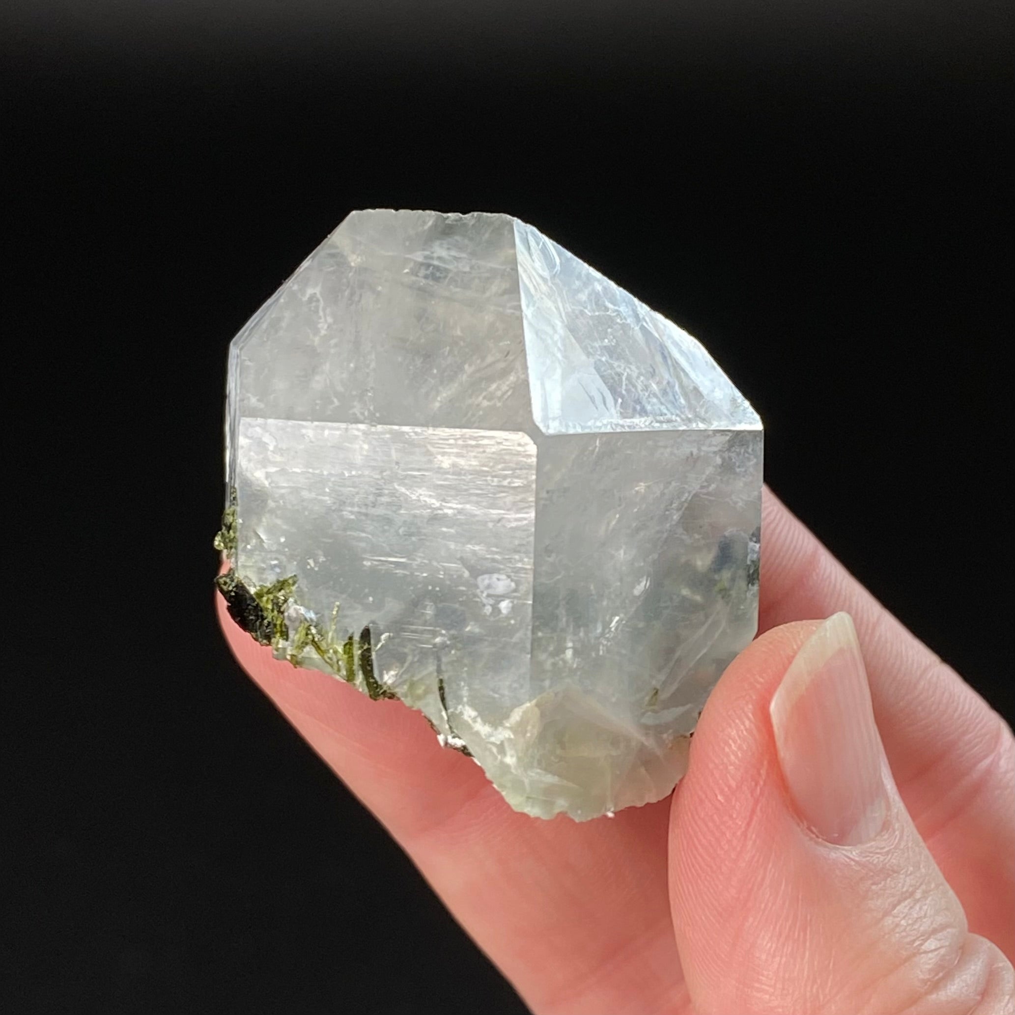 Clear Quartz Crystal with Dark Green Epidote Crystals