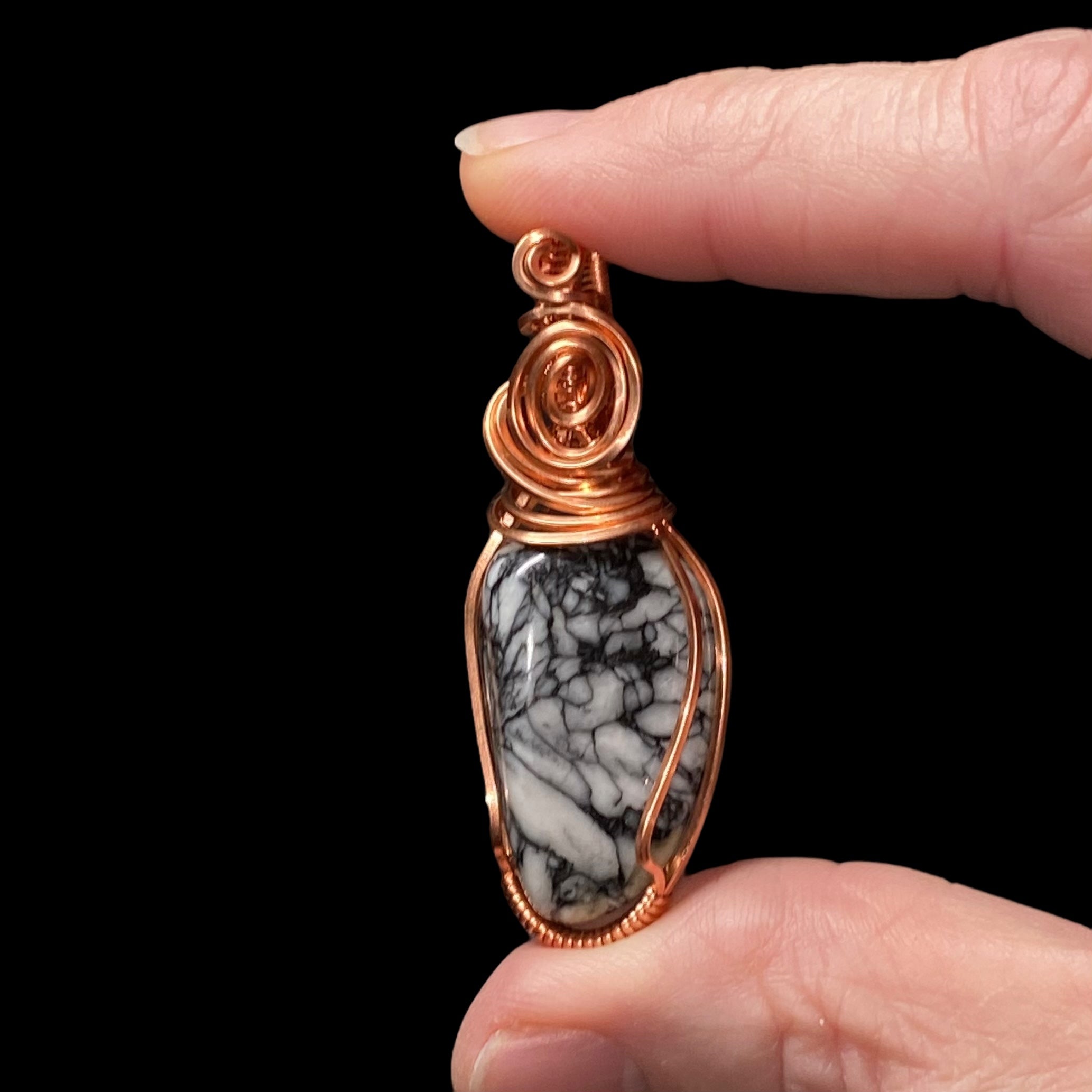 Pinolith Polished Tumble Stone & Raw Copper Wire Wrapped Pendant