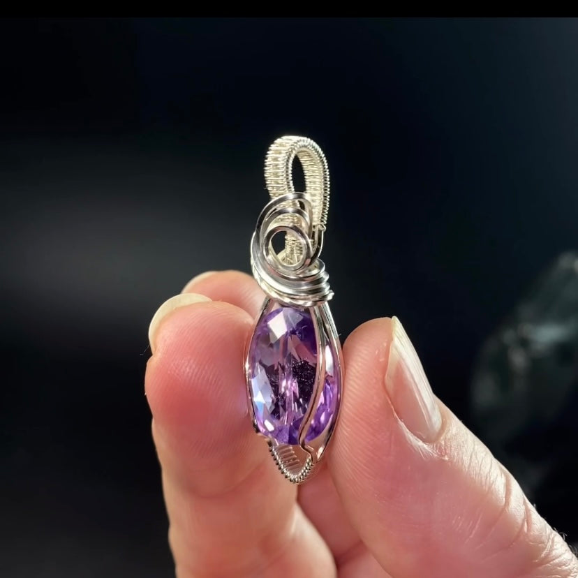 Amethyst Faceted Stone and Sterling Silver  Wire Wrapped Pendant