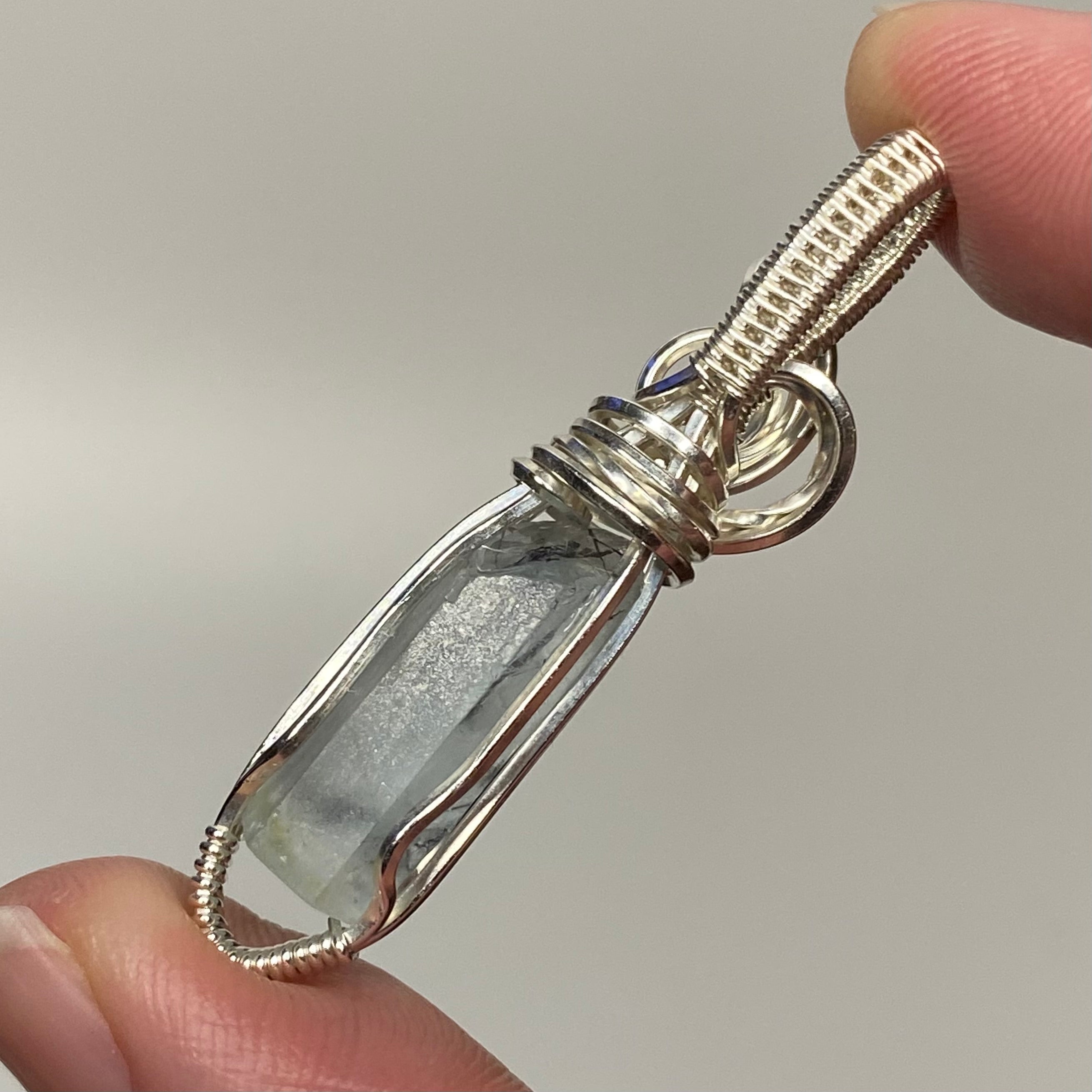 Aquamarine Crystal & Sterling Silver Handmade Wire Wrapped Pendant