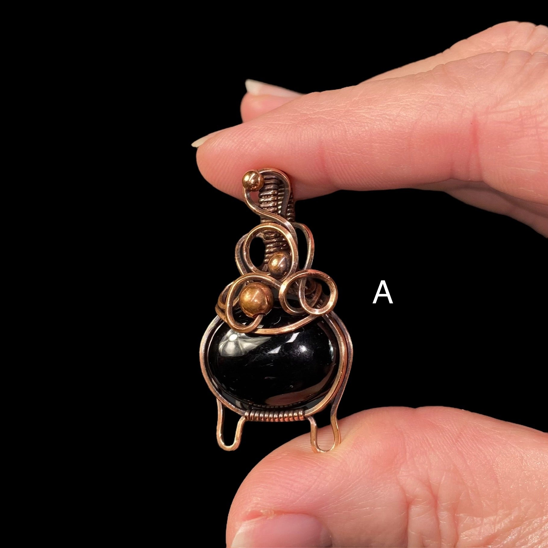Bubbling Cauldron Black Onyx and Copper Wire Wrapped Pendant, Halloween Jewelry