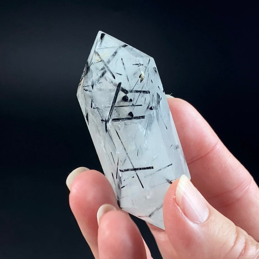 Clear Polished Double Terminated Quartz Crystal with Black Tourmaline Inclusions