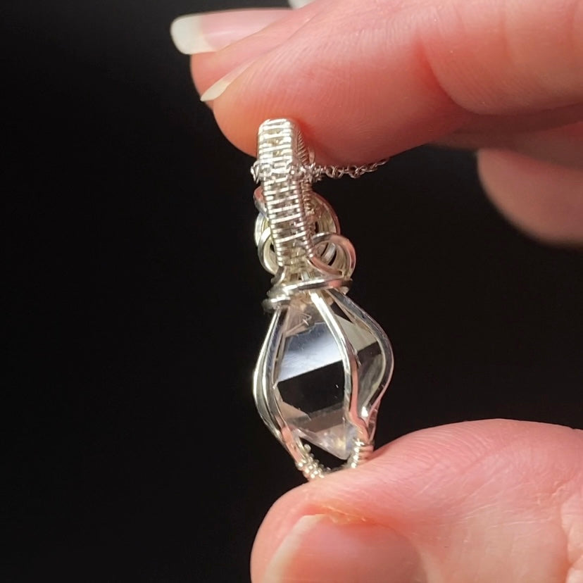 Herkimer Diamond Quartz & Sterling Silver Wire Wrapped Pendant with Rhodium Plated Sterling Silver Chain