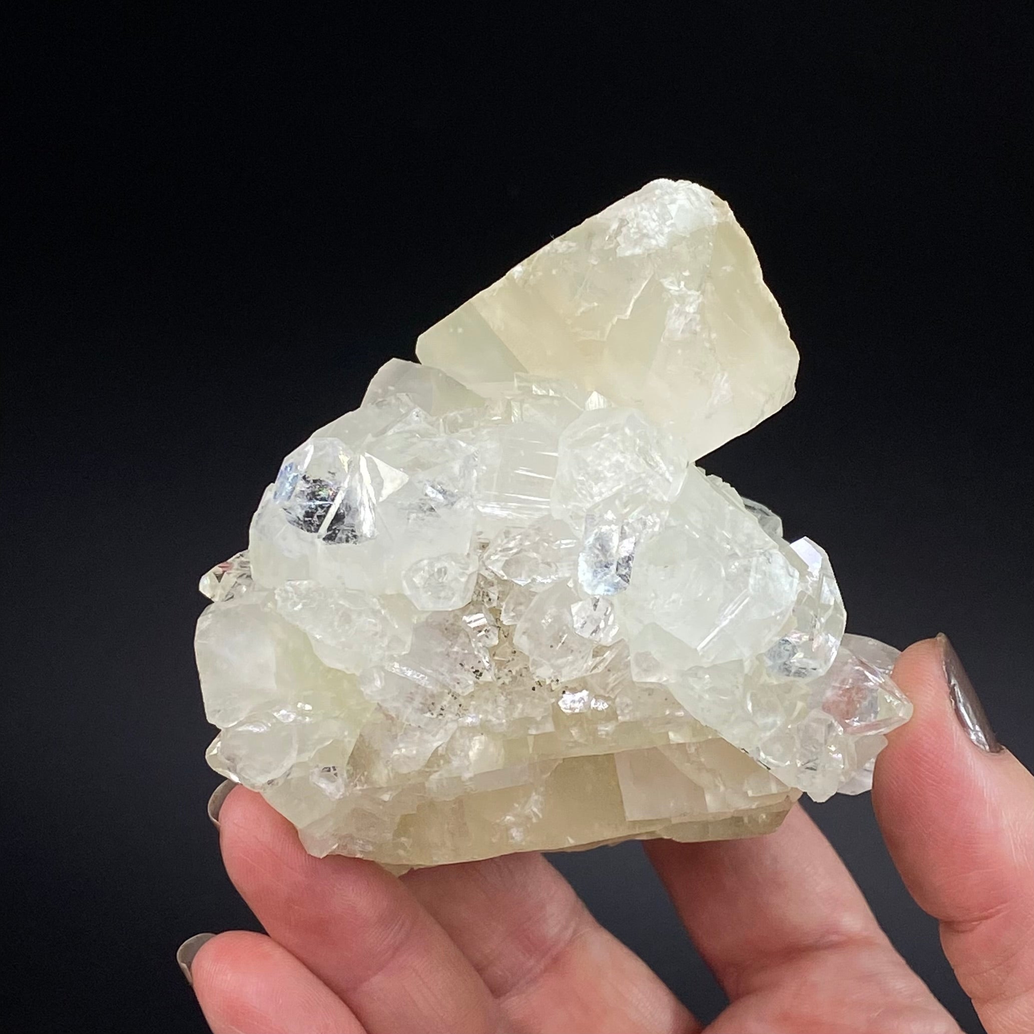 Clear Apophyllite Crystal Cluster with Yellow Calcite