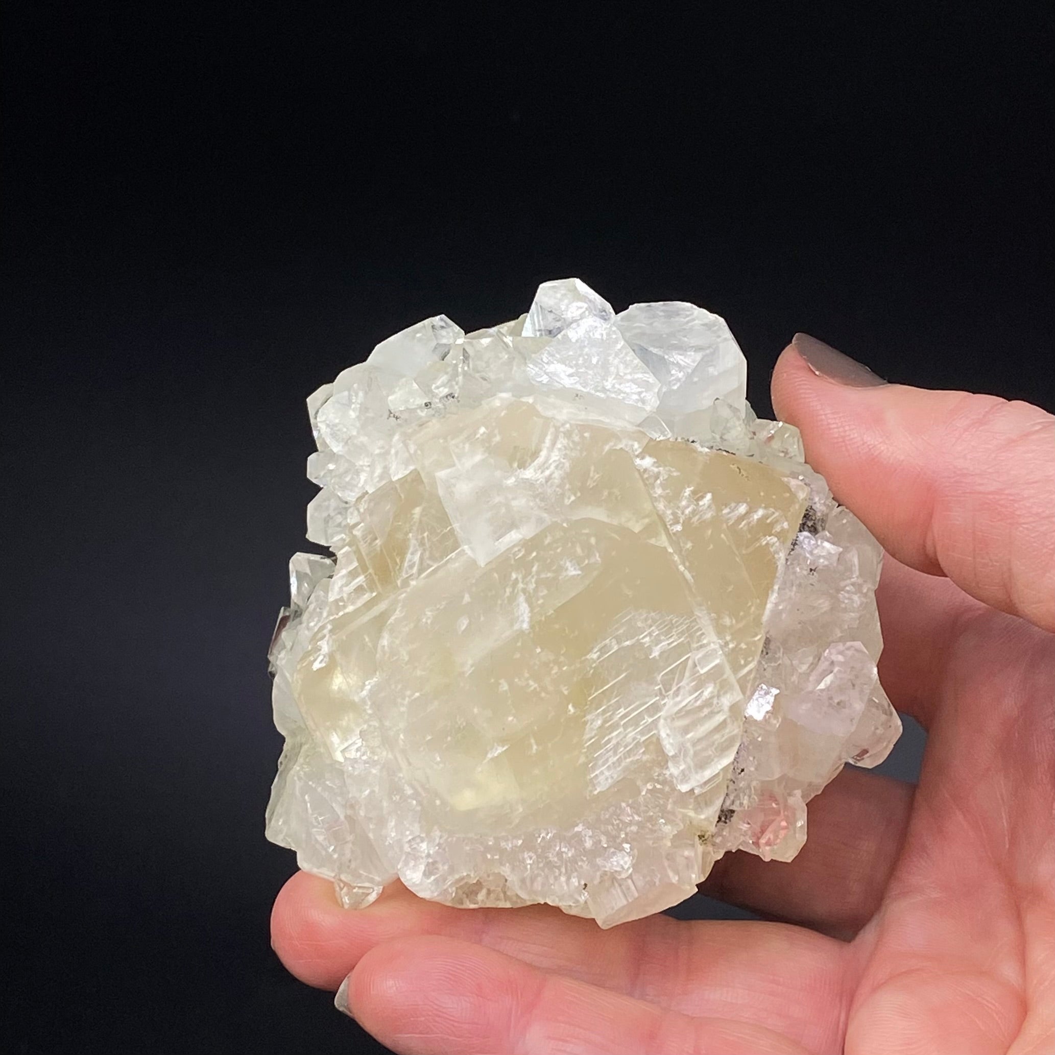 Clear Apophyllite Crystal Cluster with Yellow Calcite