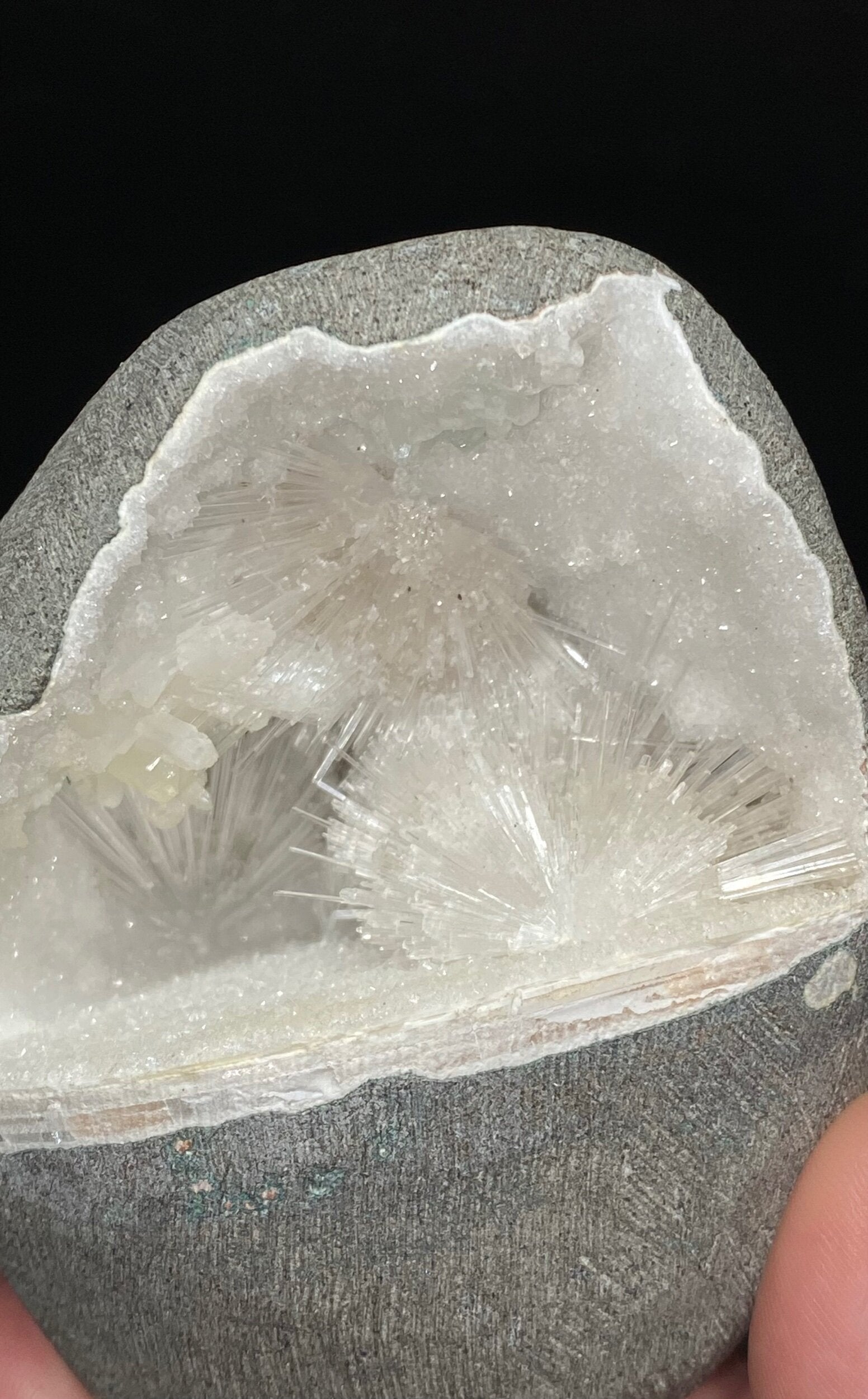 Scolecite Sprays with Apophyllite & Stilbite in Trimmed Basalt Pocket