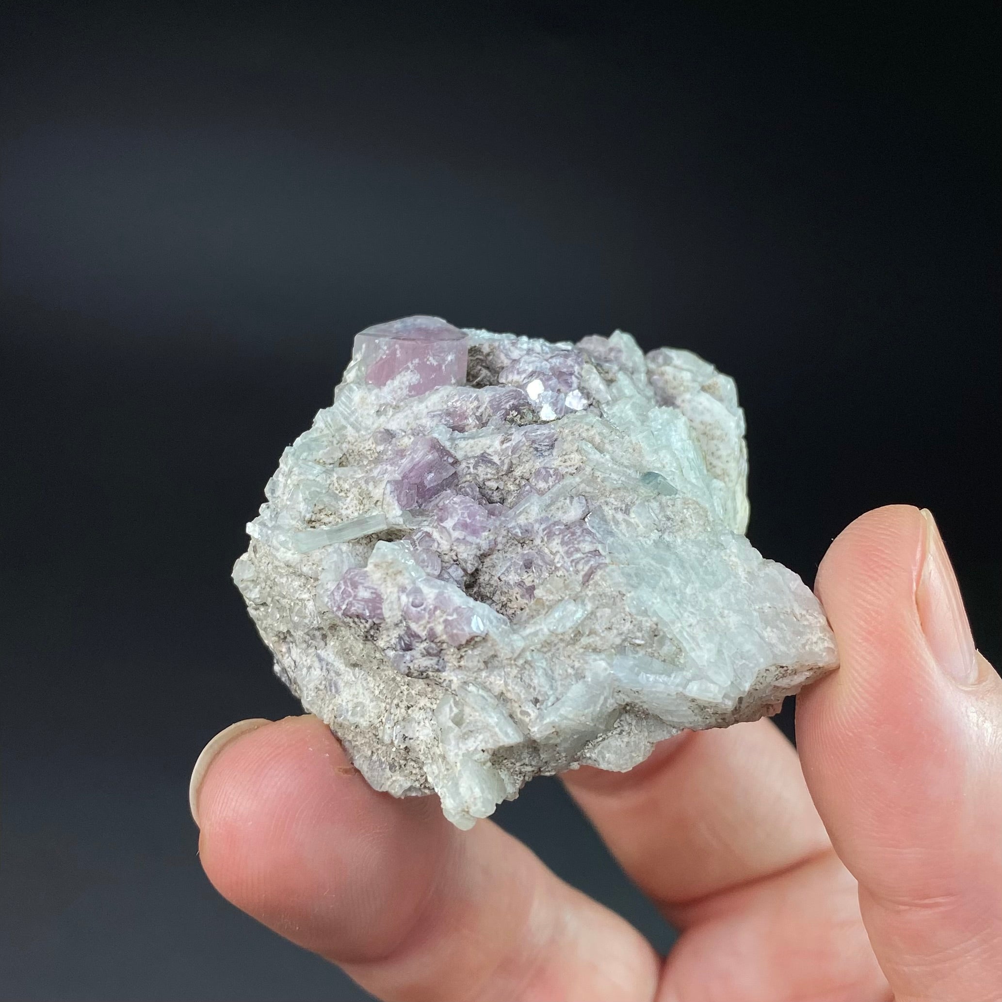 Pale Green & Pink Watermelon Tourmaline Crystal with Lepidolite & Cleavelandite