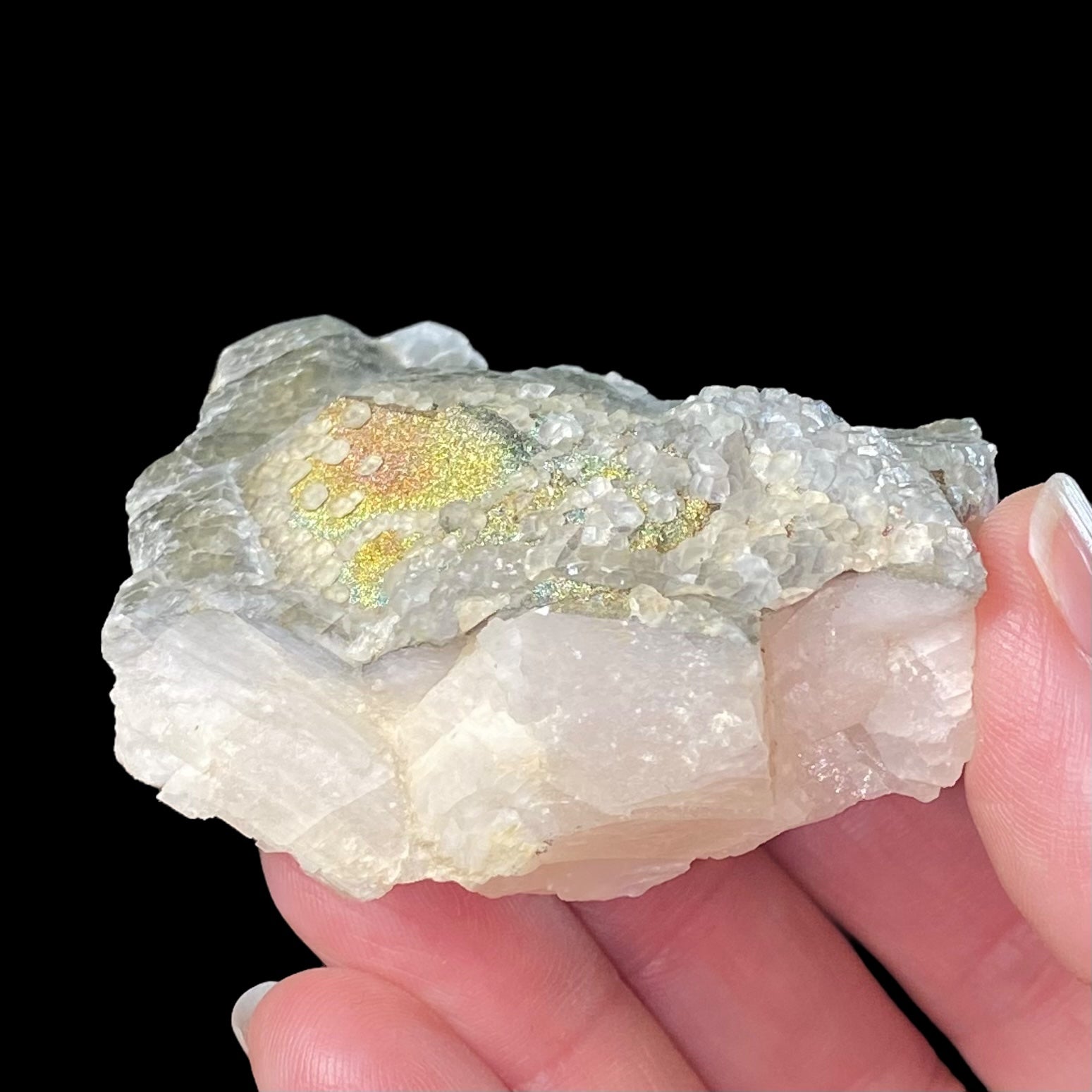 Rainbow Pyrite with Fluorescent Calcite from Trepca Mine Complex, Kosovo