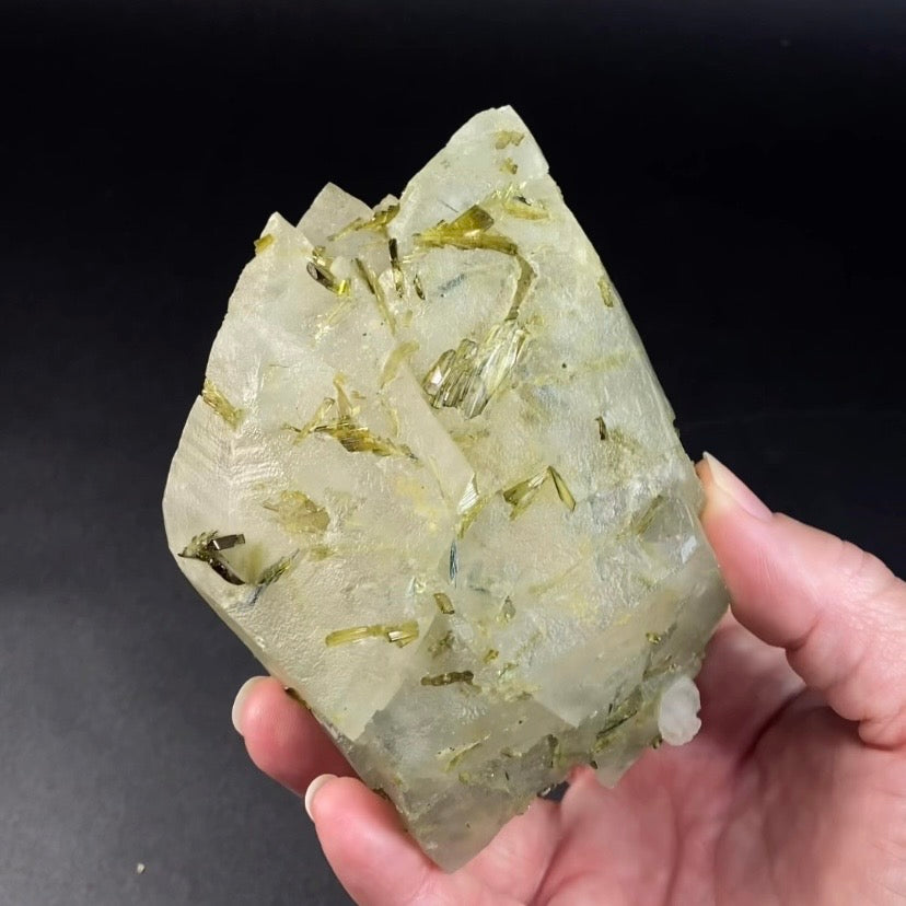Double Terminated Scalenohedral Dog Tooth Calcite Crystal with Epidote