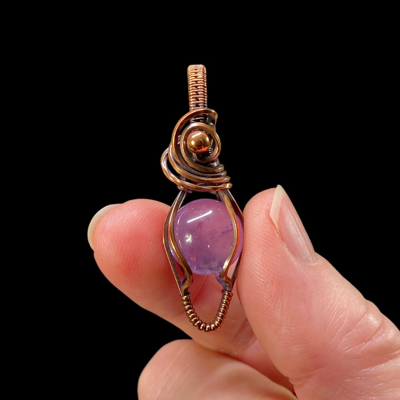 Amethyst Sphere and Copper Wire Wrapped Pendant