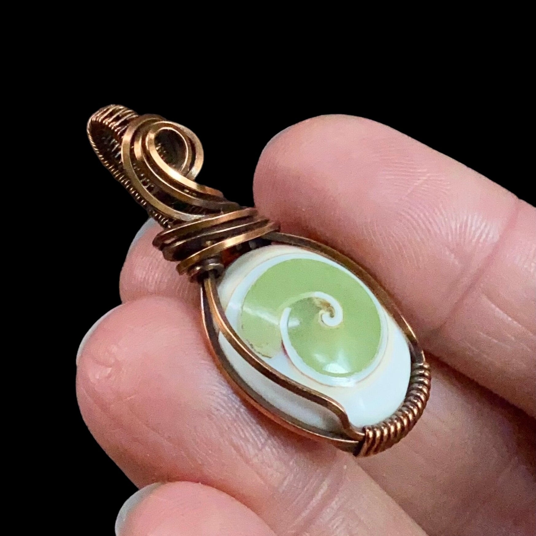 Phosphorescent Gastropod & Copper Wire Wrapped Pendant