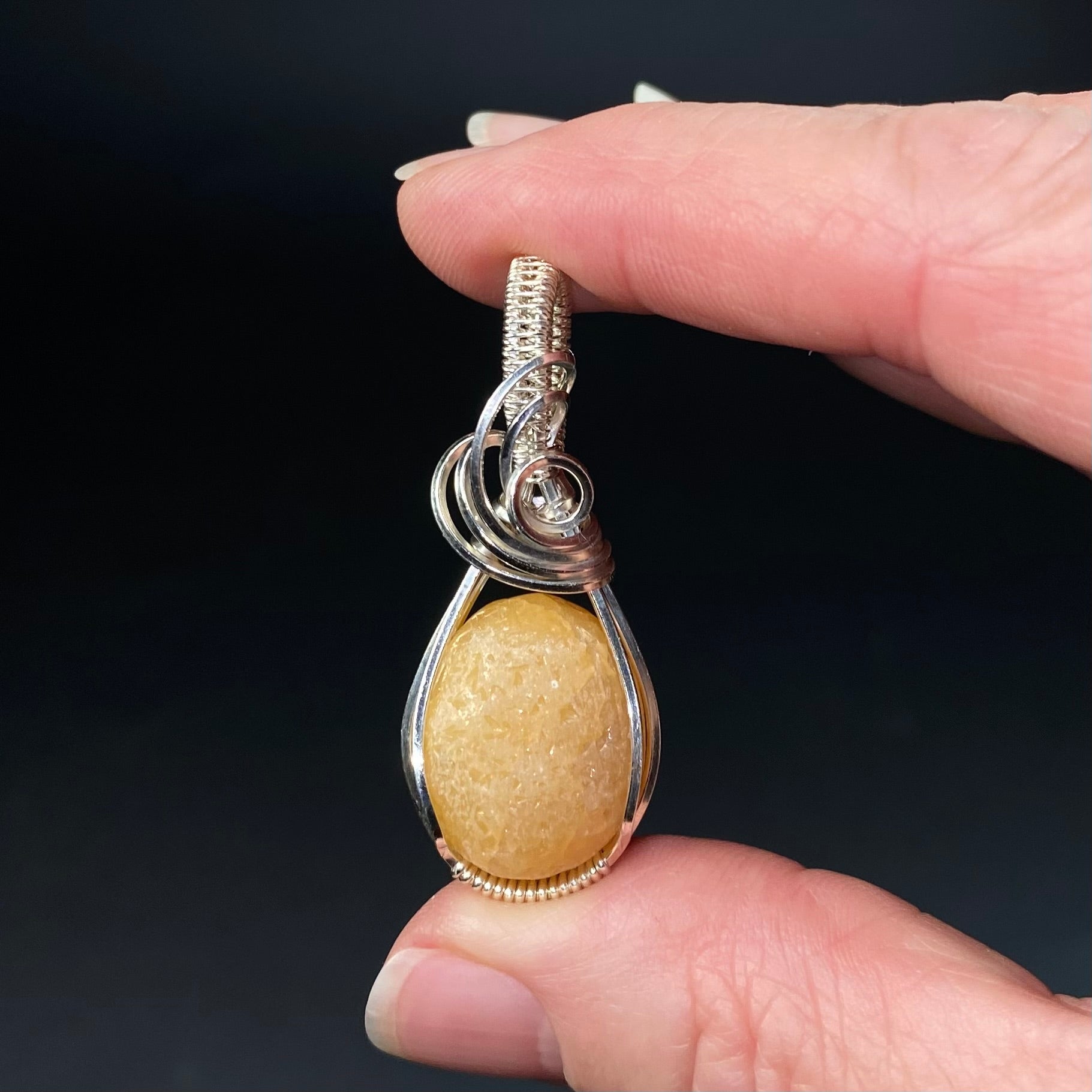 Yellow Orange Calcite Concretion & Sterling Silver Wire Wrapped Pendant