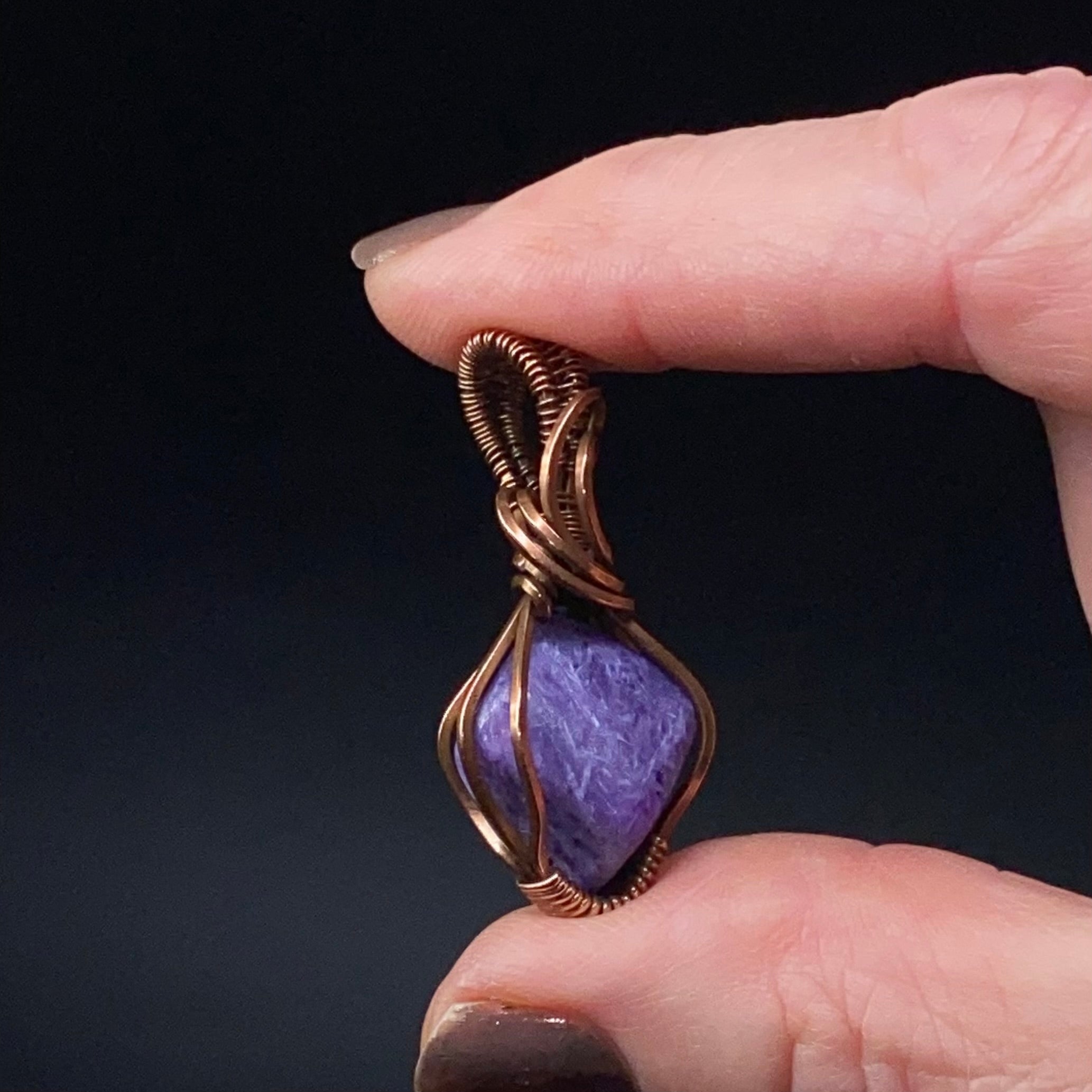 Purple Charoite and Copper Wire Wrapped Pendant