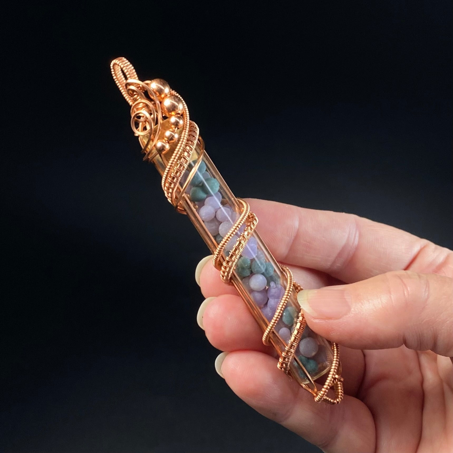 One of a Kind Botryoidal Amethyst aka Grape Agate Wire Wrapped Glass Vial Pendant