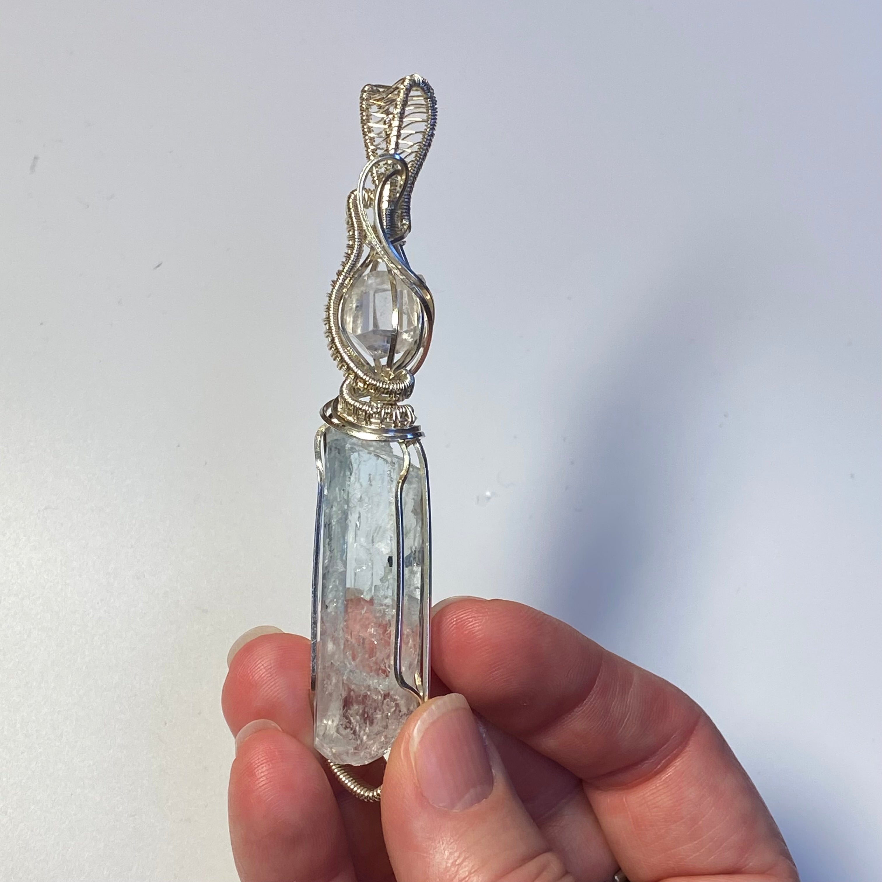 Natural Aquamarine and Topaz Sterling Silver Handmade Wire Wrapped Pendant