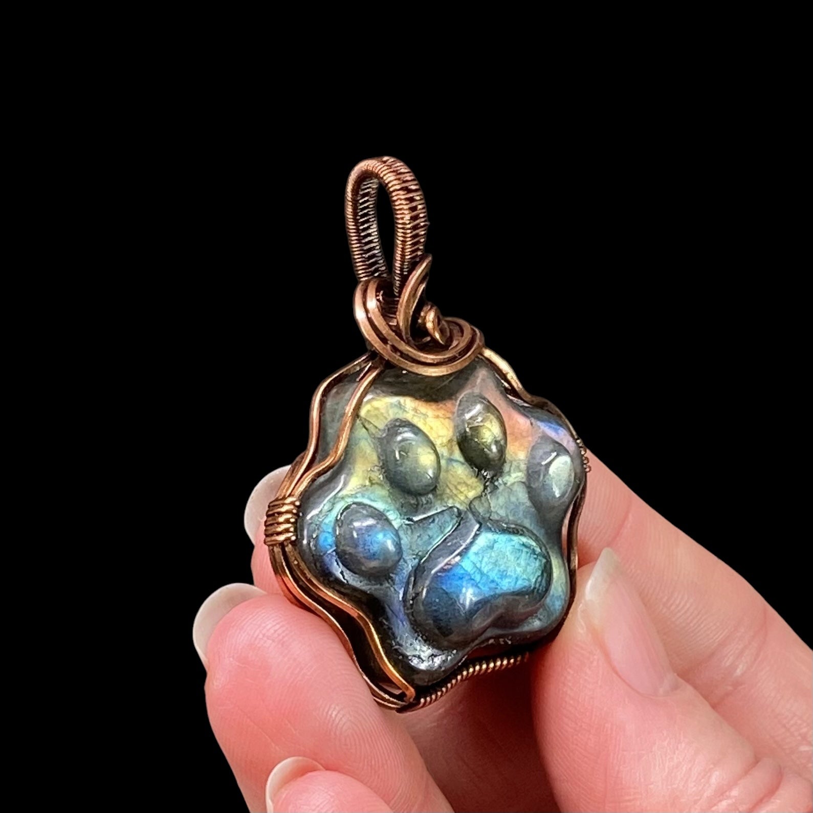 Labradorite Dog Paw Cabochon and Copper Wire Wrapped Pendant