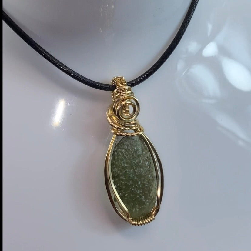 Genuine Moldavite & 14k Gold Fill Wire Wrapped Pendant