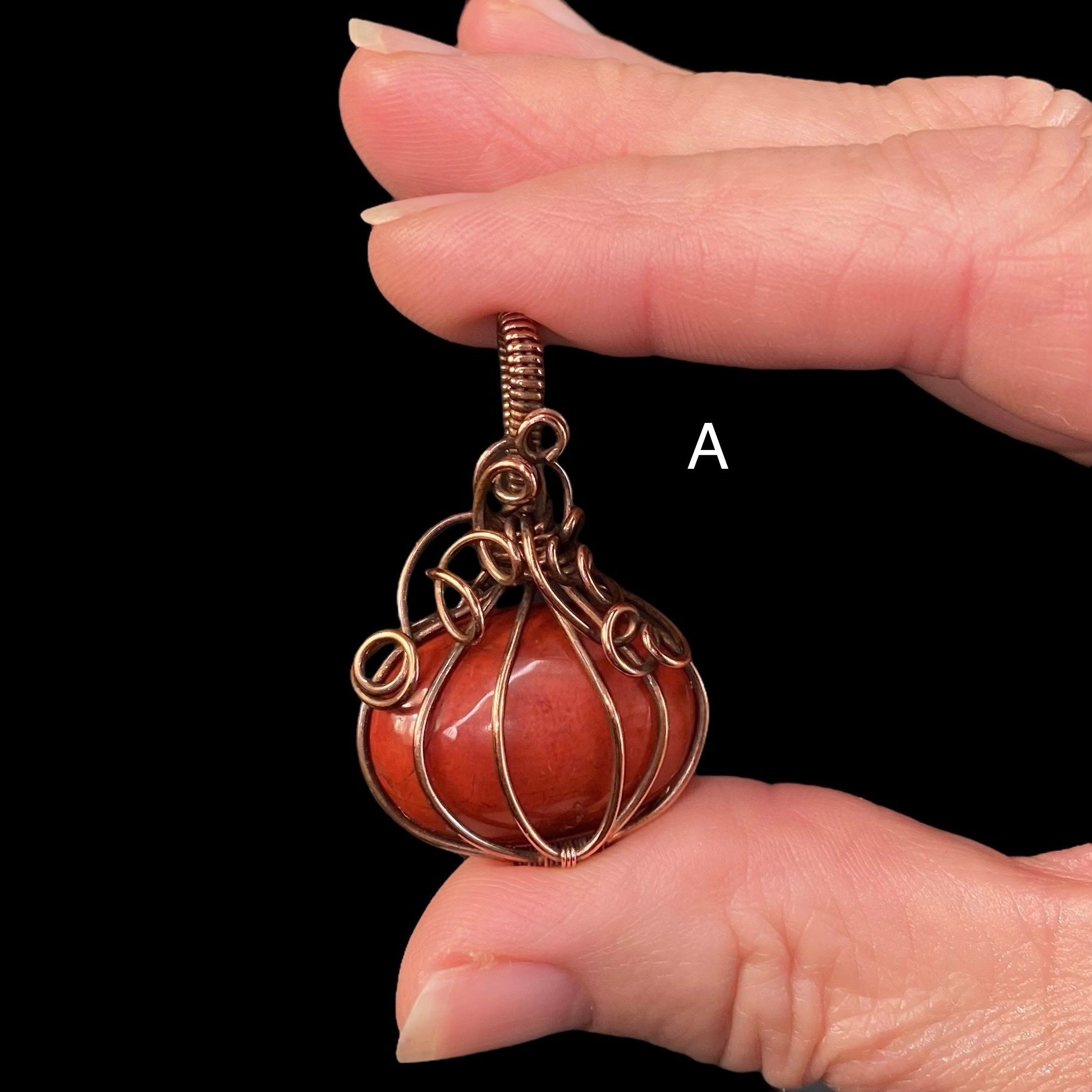 Jasper Pumpkin Wire Wrapped Pendant in Copper, Halloween Jewelry